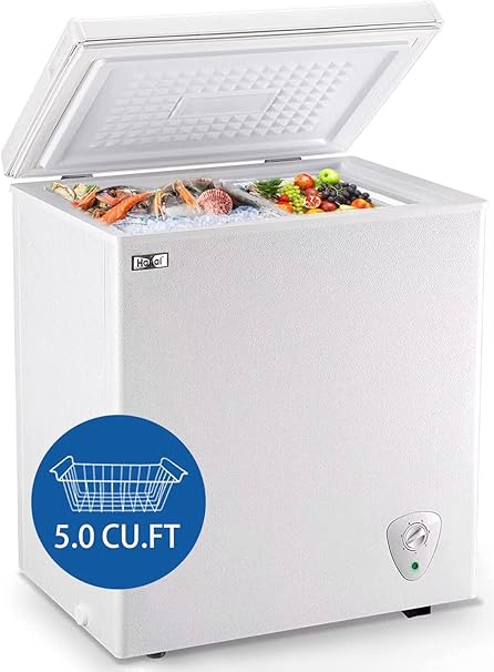 5.0 Cubic Feet Deep Chest Freezer Compact Freezers with Adjustable Thermostat Top Open Door with Removable Storage Basket for Home Kitchen and Bar