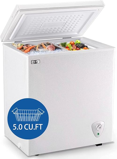 5.0 Cubic Feet Deep Chest Freezer Compact Freezers with Adjustable Thermostat Top Open Door with Removable Storage Basket for Home Kitchen and Bar