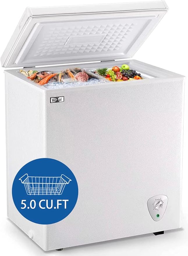 5.0 Cubic Feet Deep Chest Freezer Compact Freezers with Adjustable Thermostat Top Open Door with Removable Storage Basket for Home Kitchen and Bar