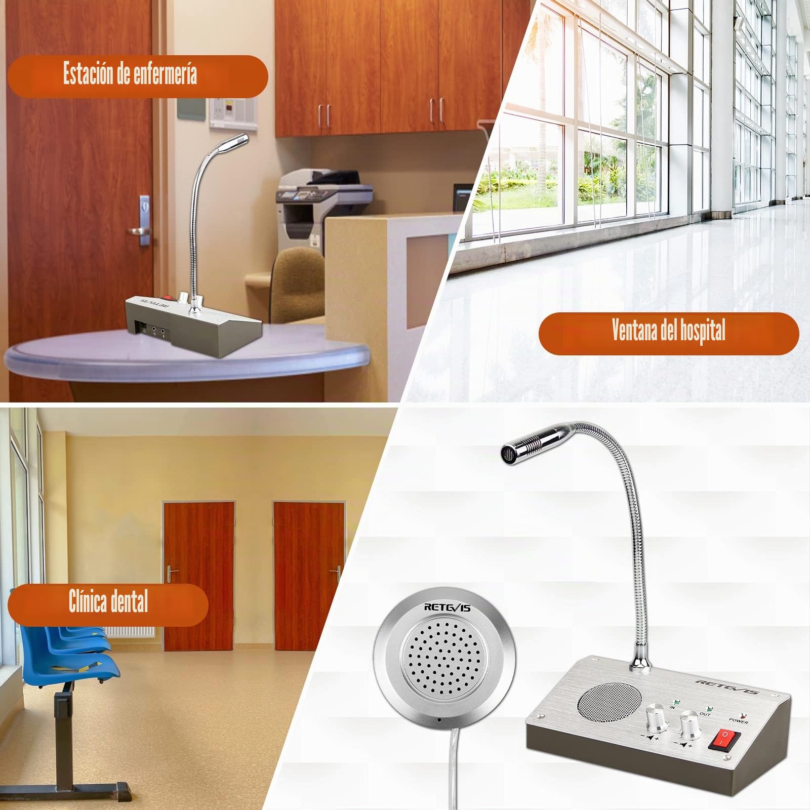 Retevis RT9908 Intercomunicador Ventanilla Sistema de Intercomunicación Ventana Dual Walkie Talkie Micrófono de Base 3W Micrófono Remoto para Mantener una Distancia Social Segura(Plata) | para Bancos, Hospitales, Tiendas, Oficinas, 3W Potencia, Micrófono