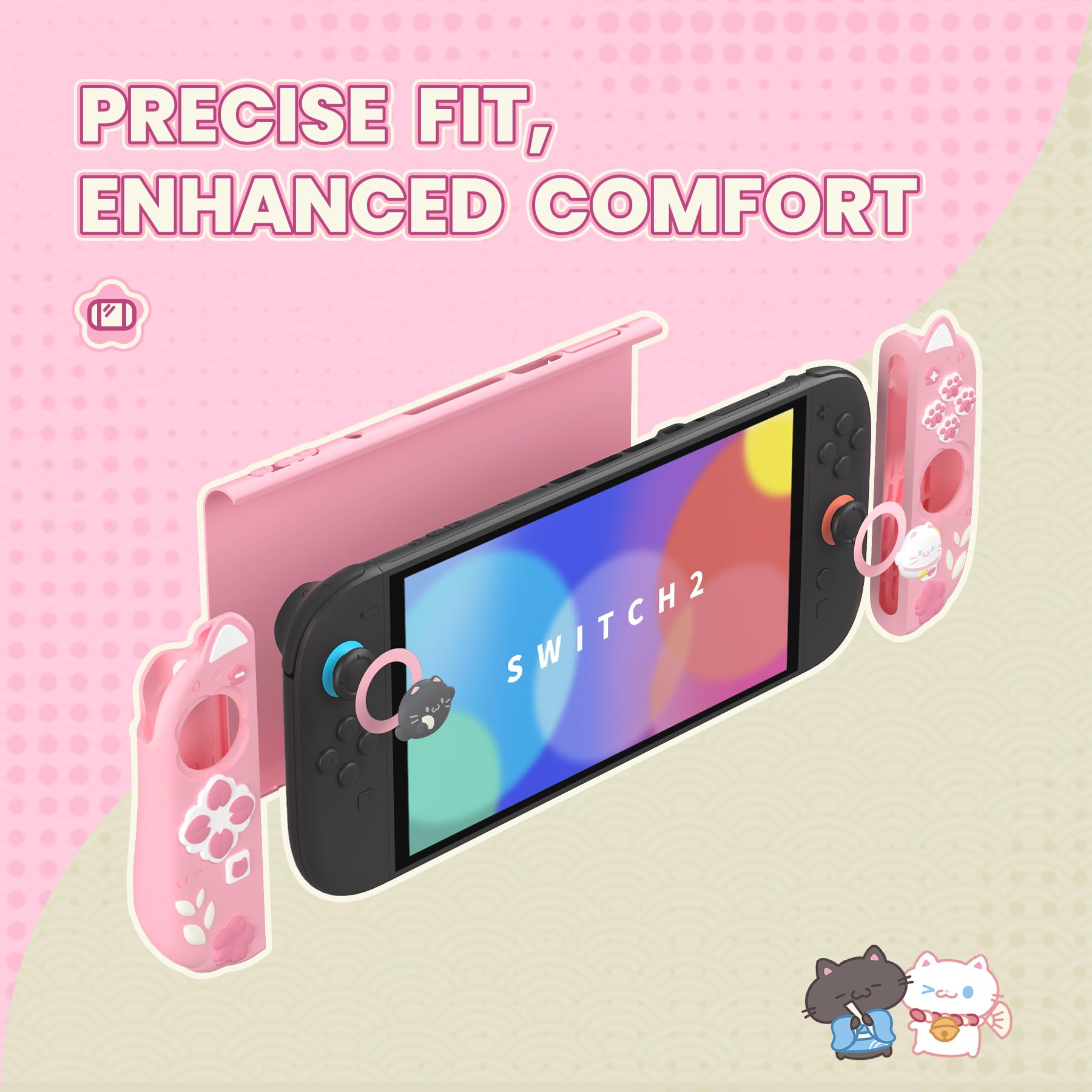 PlayVital Cherry Blossoms Kitten Protective Case for Nintendo Switch 2 with Stand | Cute Cat Ear & Paw Silicone Grips, Dockable Hard Shell, 2 Joystick Caps | Full-Body Protection Cover - Pink - 3