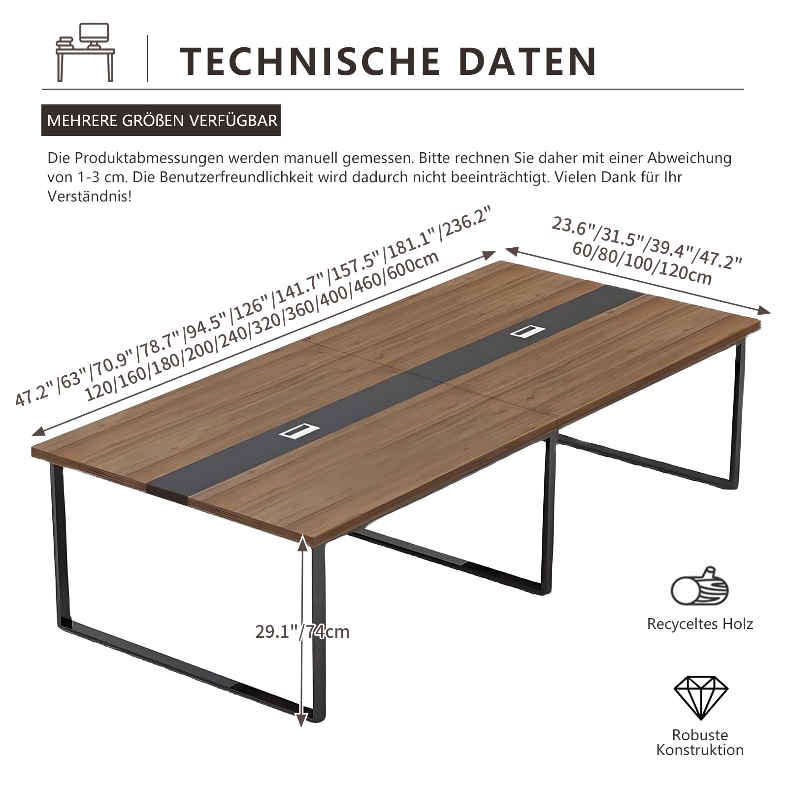 Großer Konferenztisch Büro – Moderner Besprechungstisch mit Kabelmanagement, Rechteckiger Meetingtisch für 8–12 Personen, Stabiler Metallrahmen (ohne Stühle)