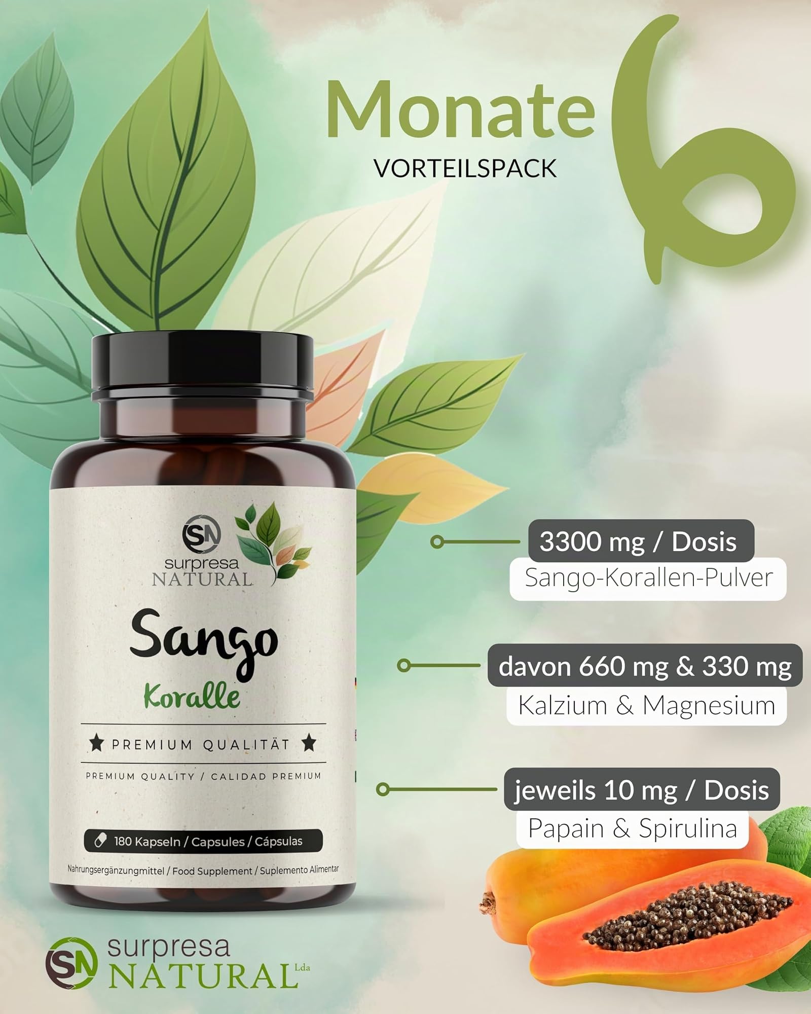 Sango-Meereskoralle-Kapseln I 3 x 180 Stück I Natürliches Supplement mit 3300mg Sango-Koralle-Pulver, 660mg Calcium & 330mg Magnesium I Vorrat für 6 Monate I hochdosiert & vegan