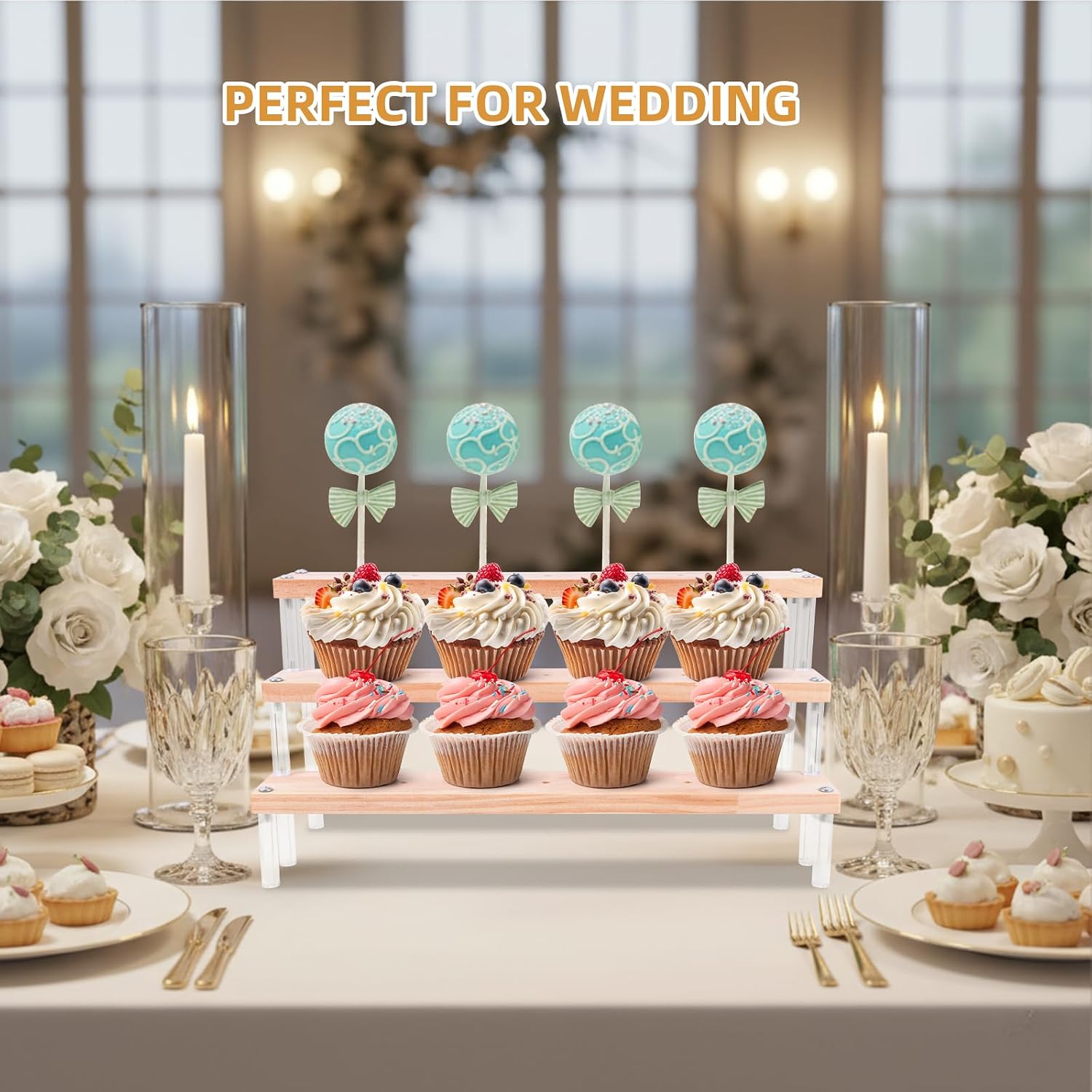 2PCS 3-Tier Wood Cake Pop Stand with Acrylic Sticks, Cupcake Dessert Display Stand Riser for Wedding Birthday Party Christmas Day