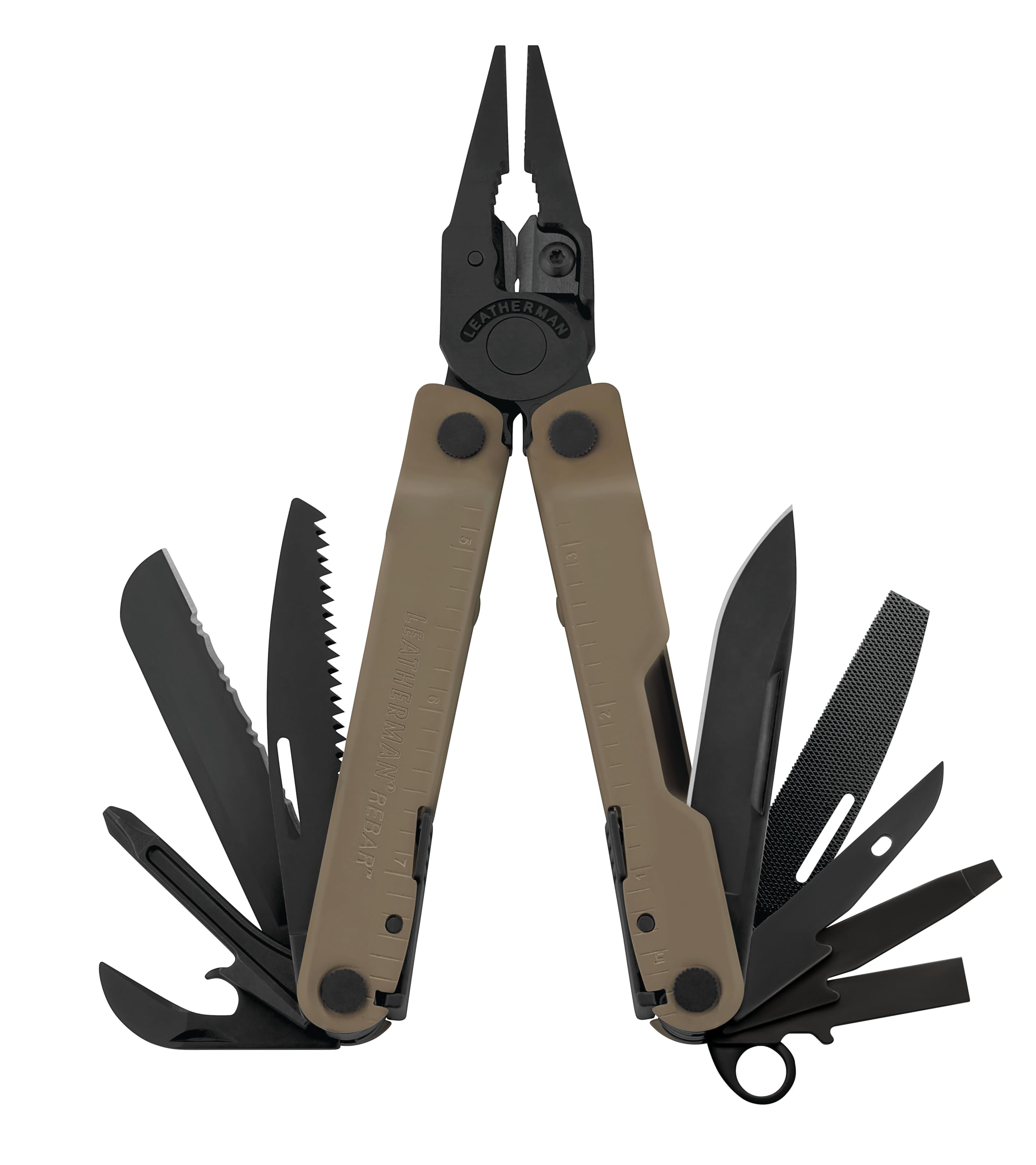 Rebar Multi-Tool - 17 All-Tools for DIY & Camping, Black Stainless Steel, Brown