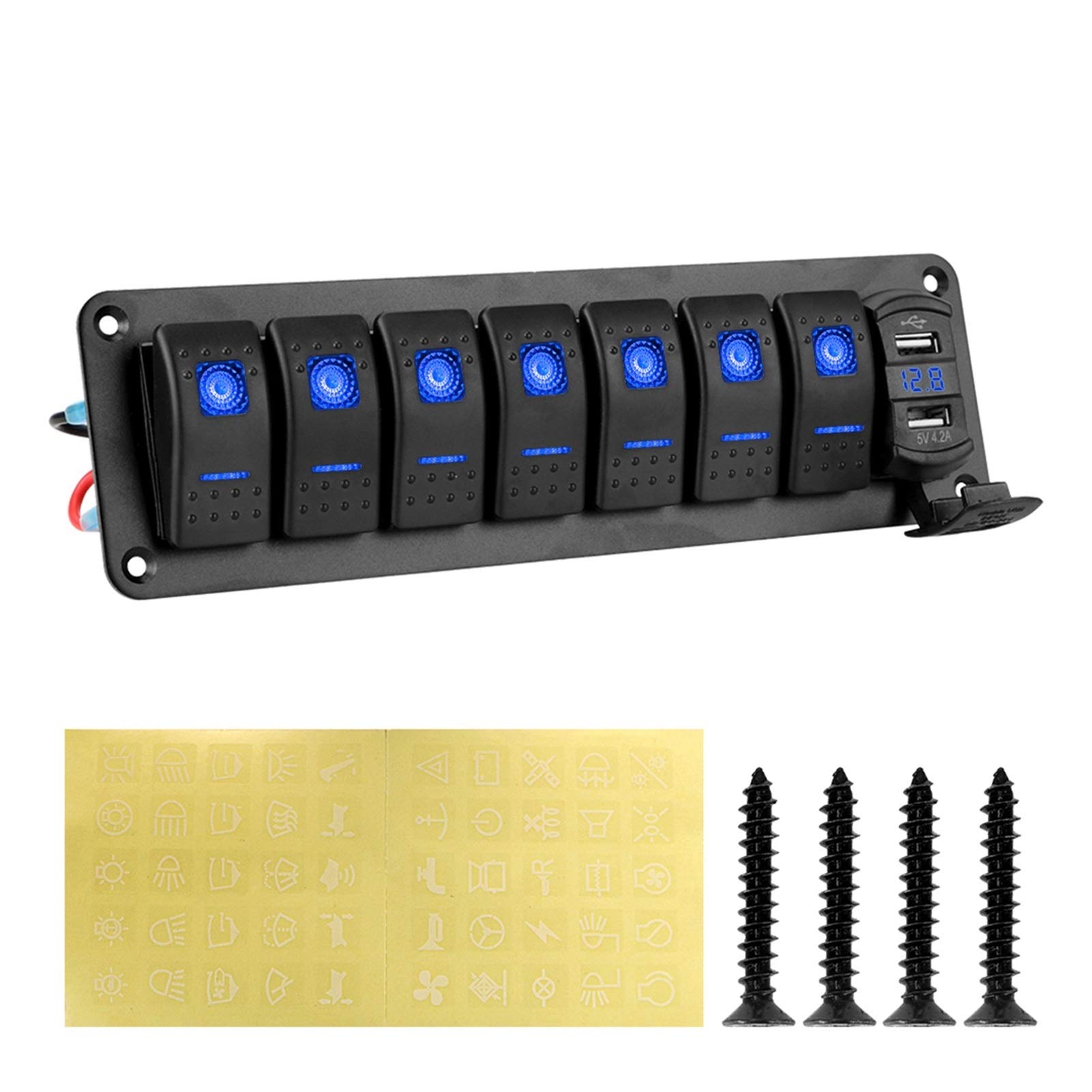 7-punktowy przełącznik kołyskowy Panel samochodowy morski wyłącznik obwodu podwójne ładowarki USB cyfrowy woltomierz, do prądu stałego 12 V 24 samochód RV SUV jacht