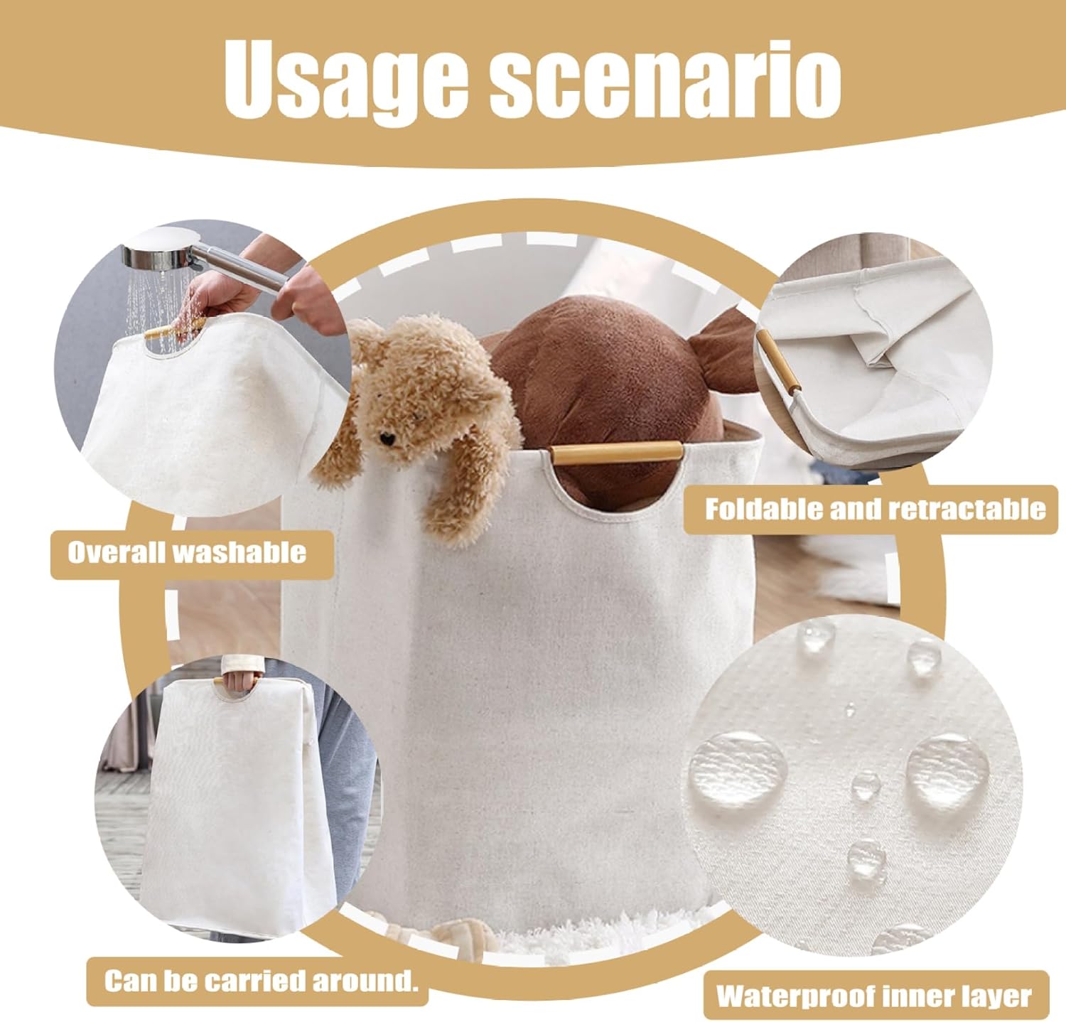 Laundry Basket, Large Collapsible Laundry Baskets with Handle, 22x16x11" Cotton and Linen Clothes Hamper for Bedroom, Bathroom, Toys, Travel, Beige White Basket