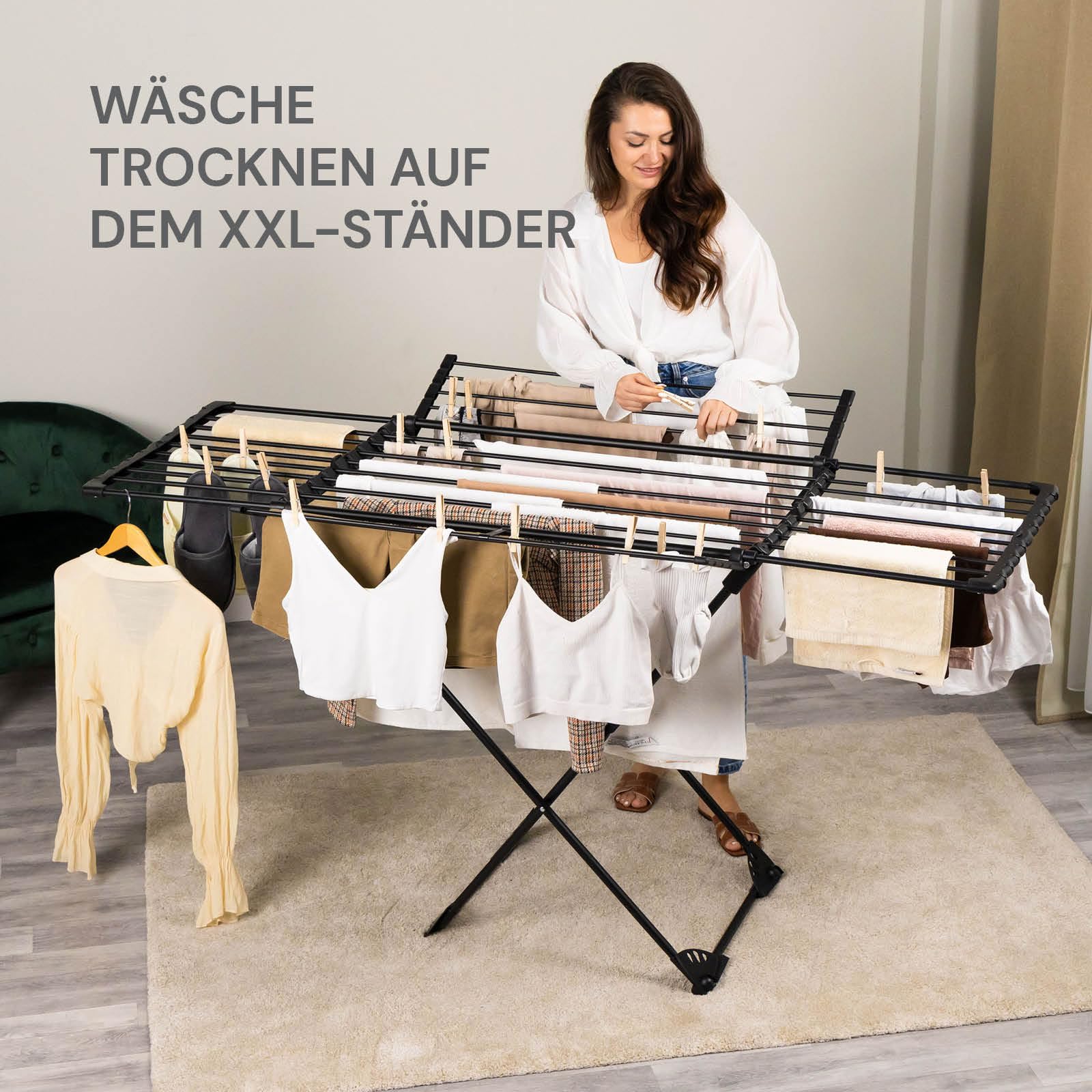 Vitapur Wäscheständer DryMax Wing, Ausziehbar Wäschetrockner, 2-Seitenflügel, XXL Plus Rack, Klappbar Standtrockner für Balkon, Robuster Waeschetrockner Ständer