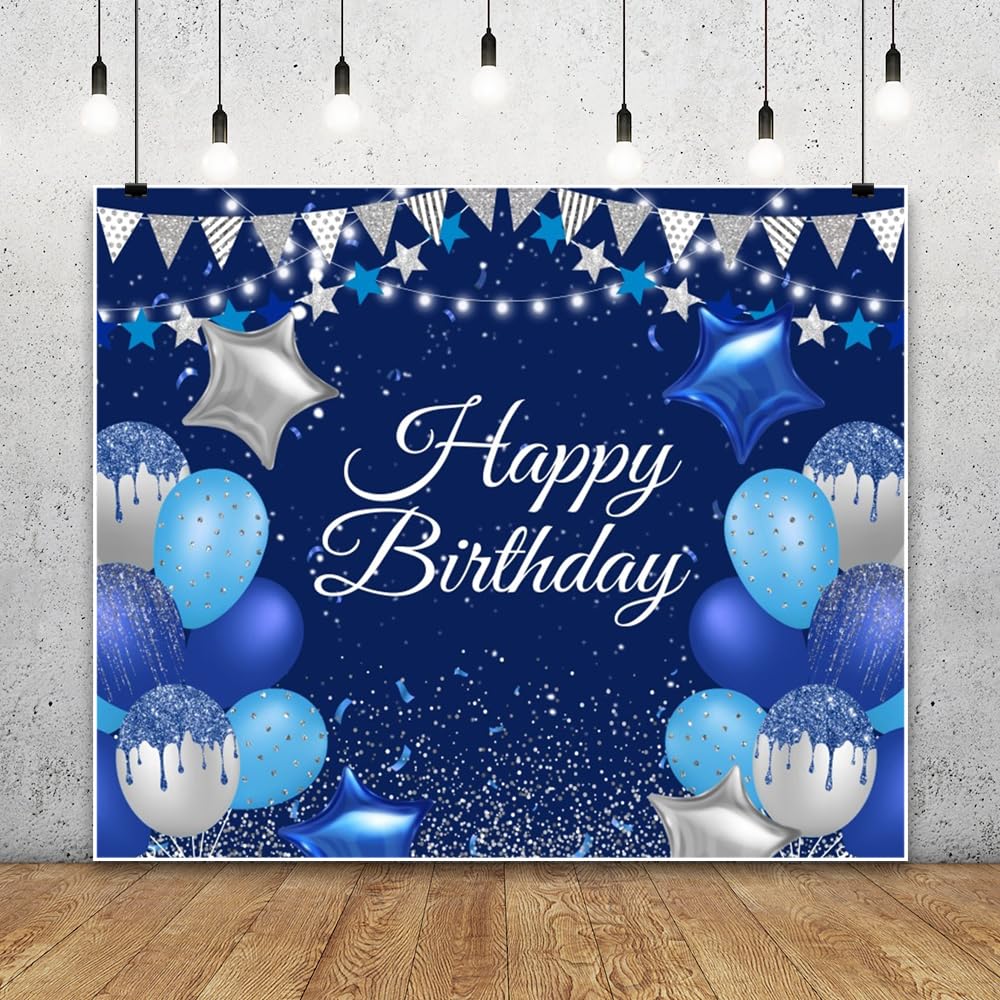 Telón de fondo de vinilo con purpurina de 3 x 2,4 m, color azul real, para fotos de cumpleaños, globo azul, estrella, globo, sesión de fotos, banderines plateados, fondo de fotografía, decoración de