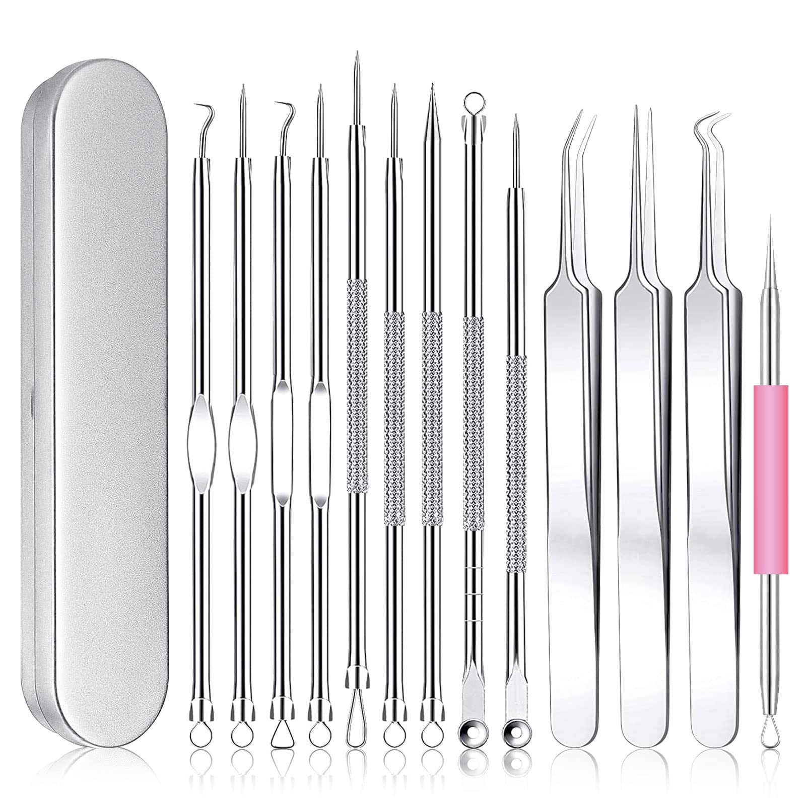 Blackhead Remover Tool Kit,13Pcs Professional Stainless Pimple Popper Comedone Extractor Tools for Pimple, Blackhead, and Zit Removal on Face - Acne Comedone Extractor Set with Organizer Case (Silver)