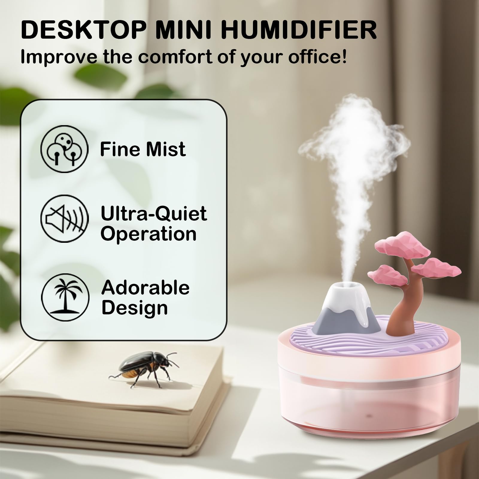 Umidificatore con luce notturna paesaggistica con 2 modalità di nebbia, serbatoio grande da 320 ml, silenzioso, per bambino/asilo/ufficio, mini idratante portatile