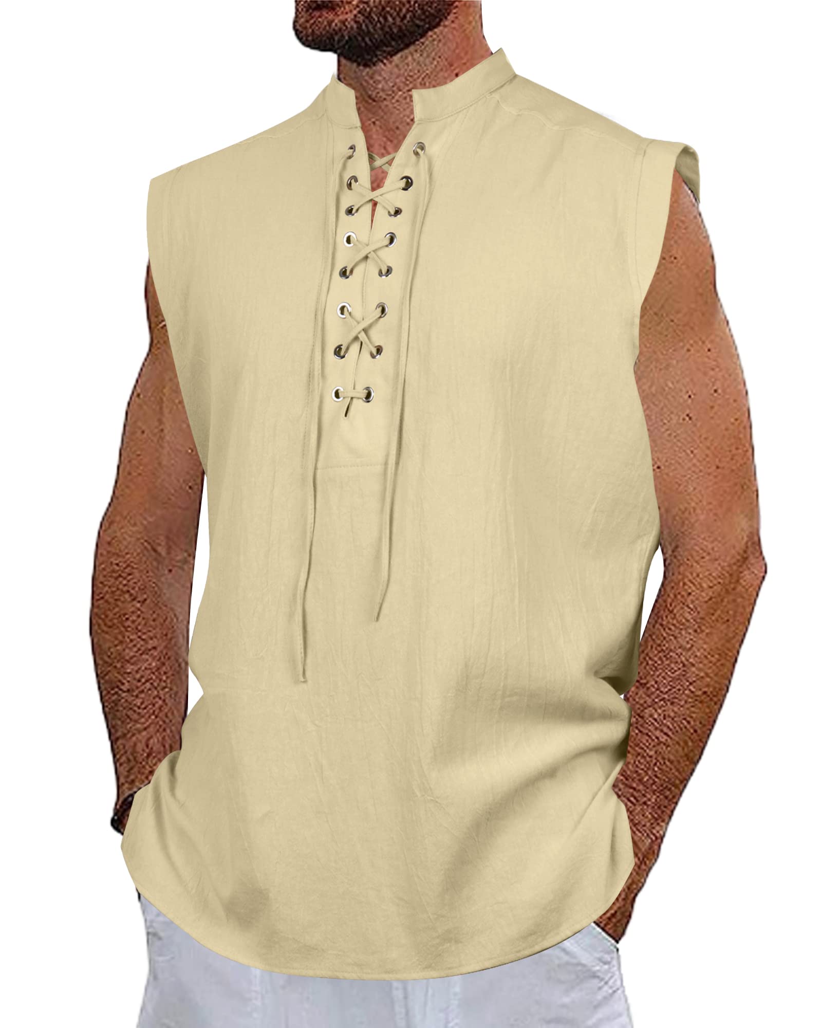 NANAMEEI Camisa medieval para hombre sin mangas de lino y algodón, traje pirata vintage, cuello Mao, túnica con cordones vikingos