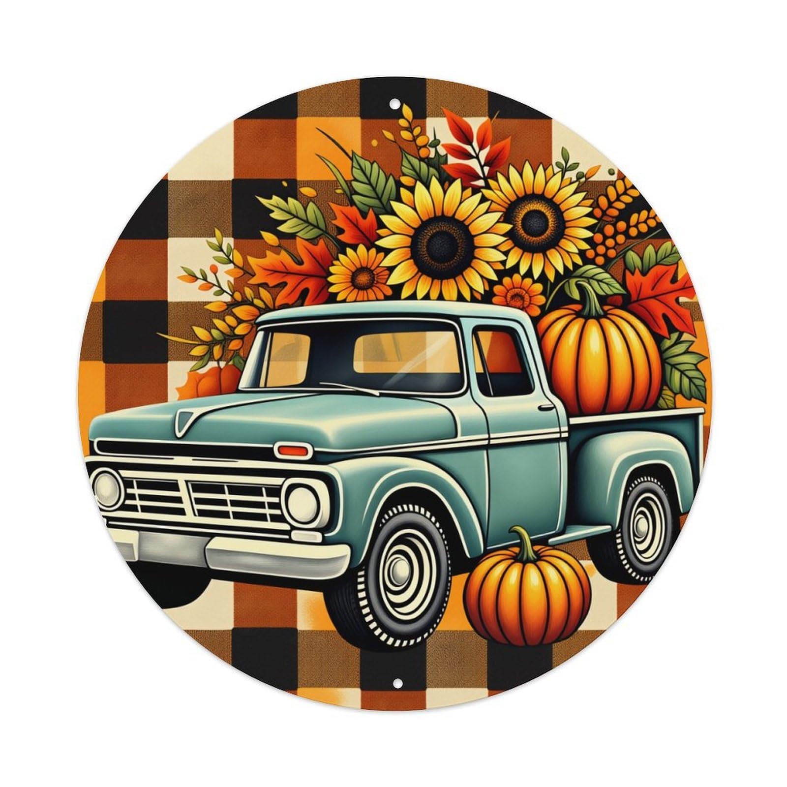 Autumn Truck Sunflowers Pumpkins Plaid Round Tin Sign Vintage Style Metal Sign Home Bar Garden Wall Plaque Decor Metal Poster 8x8 Inch