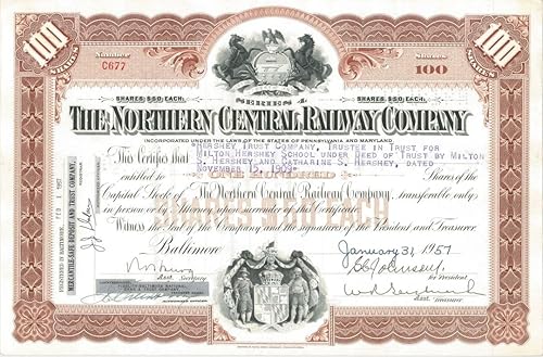 Issued to Milton S. Hershey Trust Co. - Hershey Chocolate related Northern Central Railway Co. - dated 1953-57 Railroad Stock Certificate