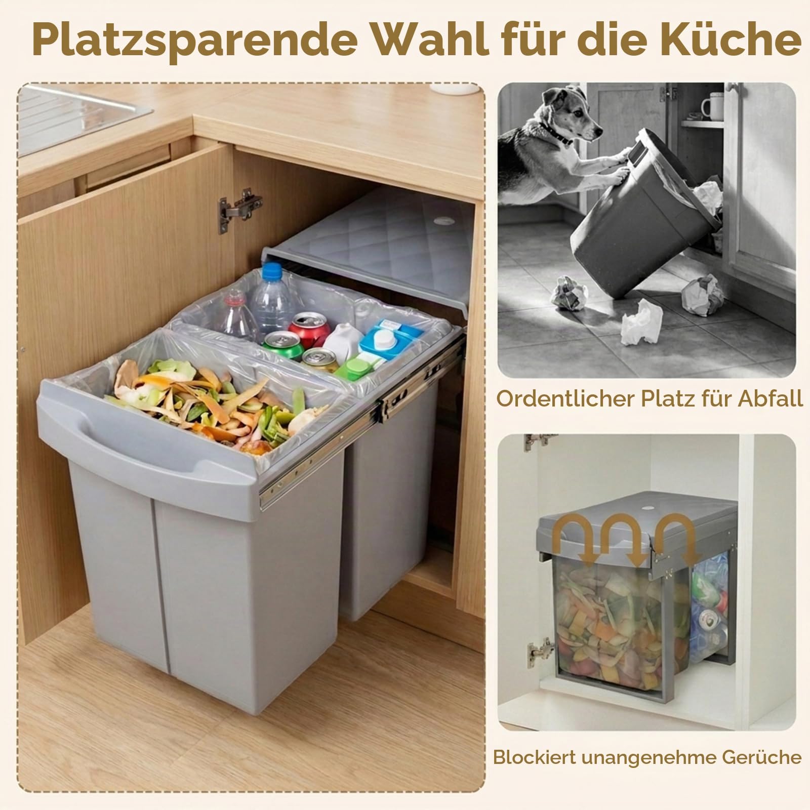 LIFEZEAL Abfallsammler 20L+20L, Ausziehbarer Einbaumülleimer für Unterschrank, Mülltrennsystem Küche mit 2 herausnehmbaren Fächern, Abfalleimer Mülleimer für Schränke, 50,5 x 33,5 x 41 cm, Grau