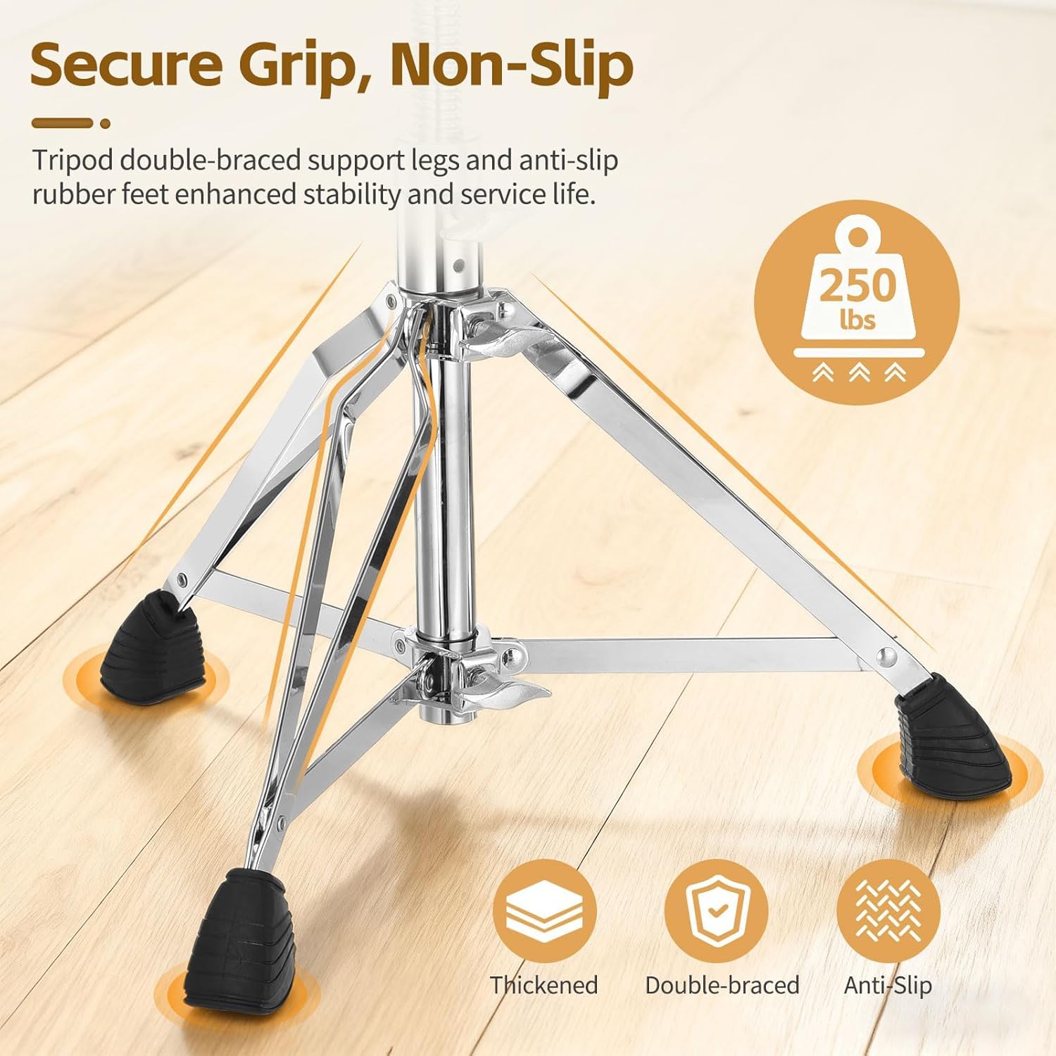HEYOUTH Taburete de Batería Ajustable en Altura (45-56 cm), Plegable con Asiento Acolchado Antideslizante y Trípode – Estable Taburete para Baterista en Color Marrón para Bateristas y Percusionistas