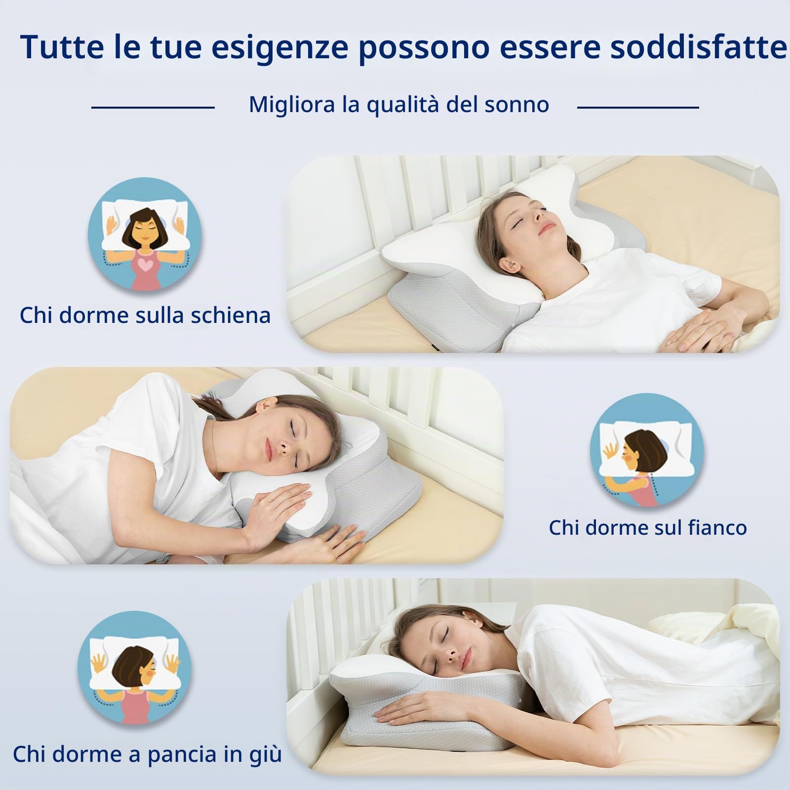 HOMCA Cuscino per il collo Cuscino per la testa, in memory foam Cuscino ergonomico per la testa Cuscino di raffreddamento 3D per la schiena, il fianco o la posizione prona, 62 x 41 x 11/13 cm