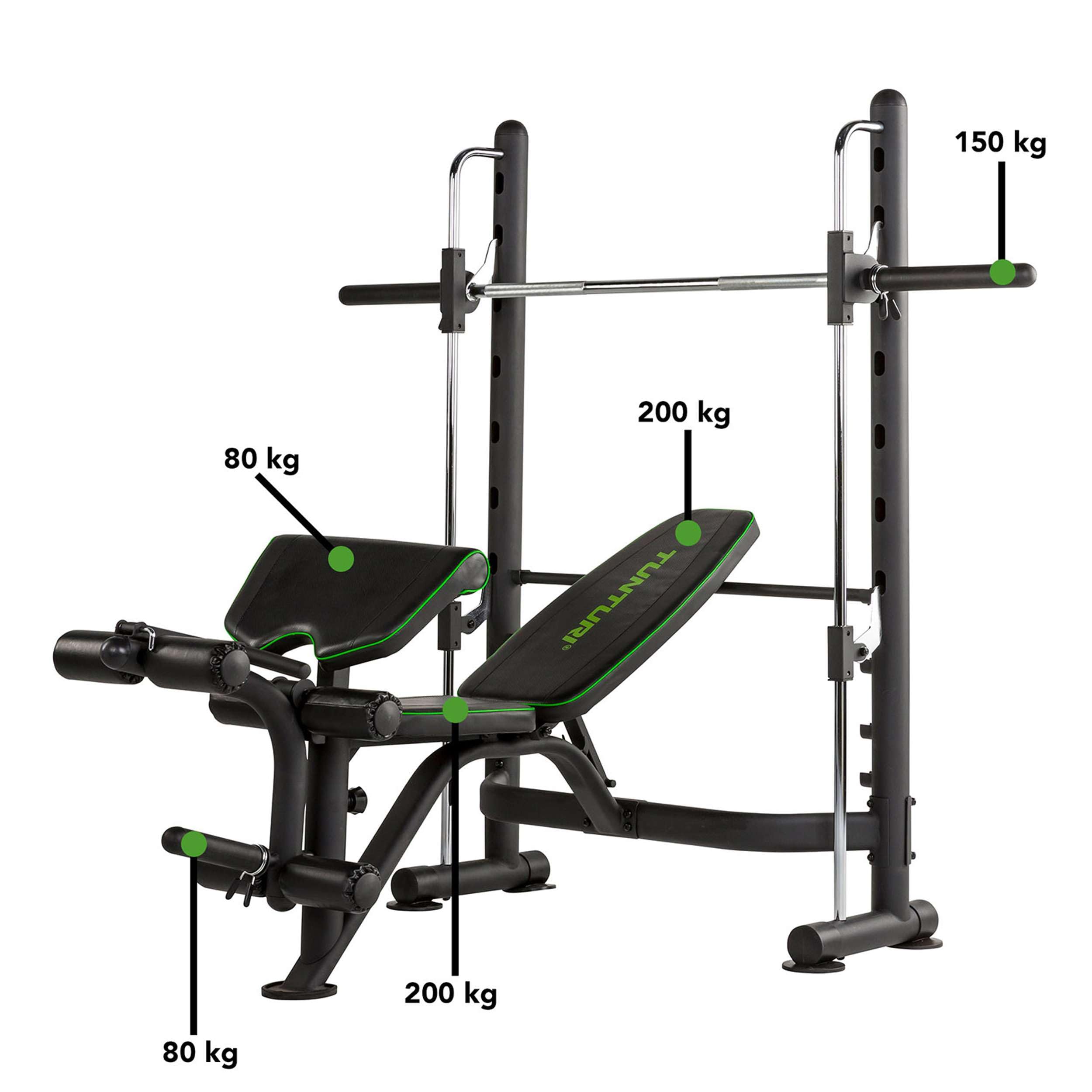 Tunturi Smithmachine SM60, Kraftstation, Hantelbank negativ, Beintraining, Situps, verstellbare Langhantelstütze
