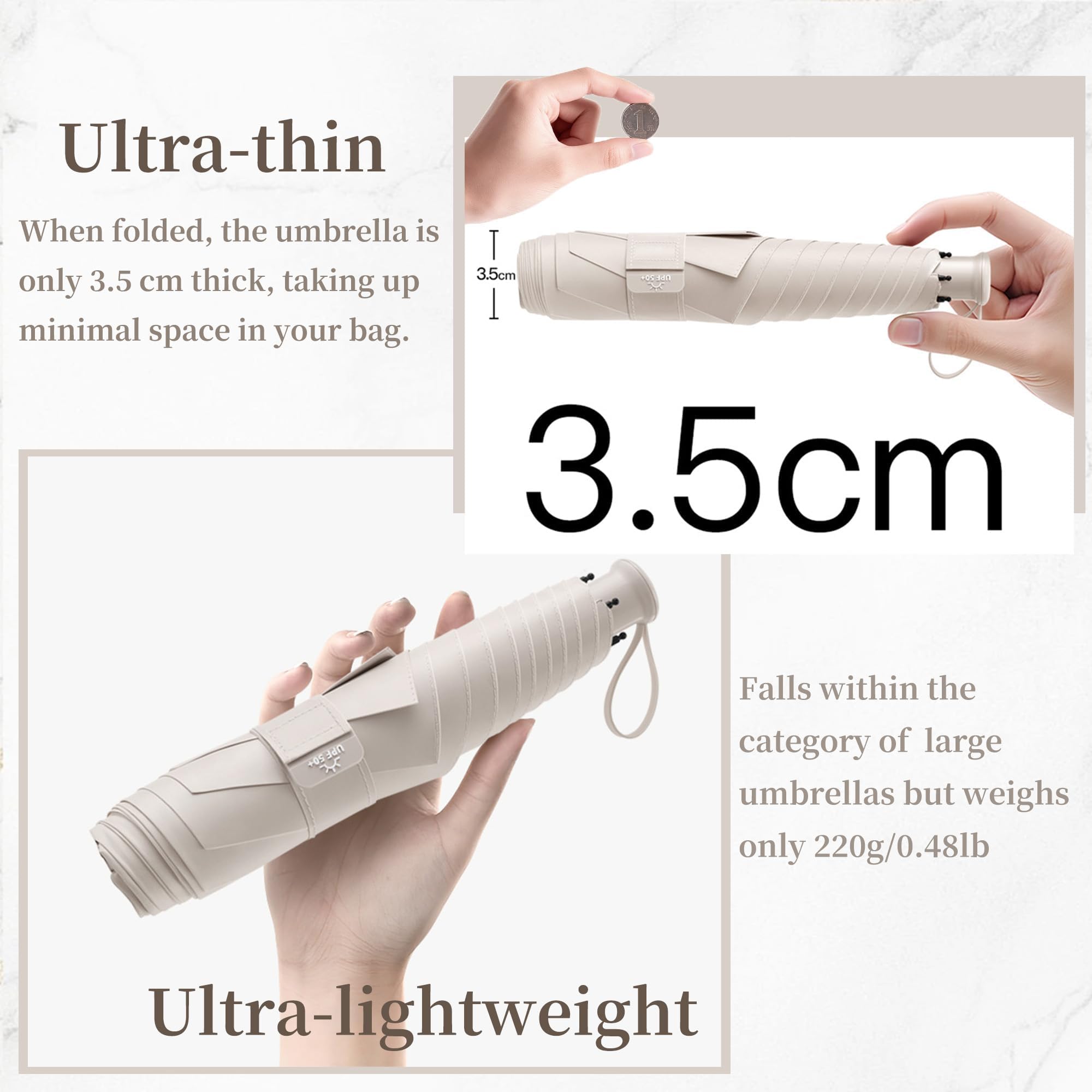 Ultra-Léger/Fin Parapluie Pliable Extra-Large Compact de Voyage, Anti-UV UPF50+, Soleil/Pluie,Portable, Canopée de 110cm, Ceinture de 3cm Large, 6 Baleines, Hommes/Femmes/Enfants, Sac à dos/Véhicule