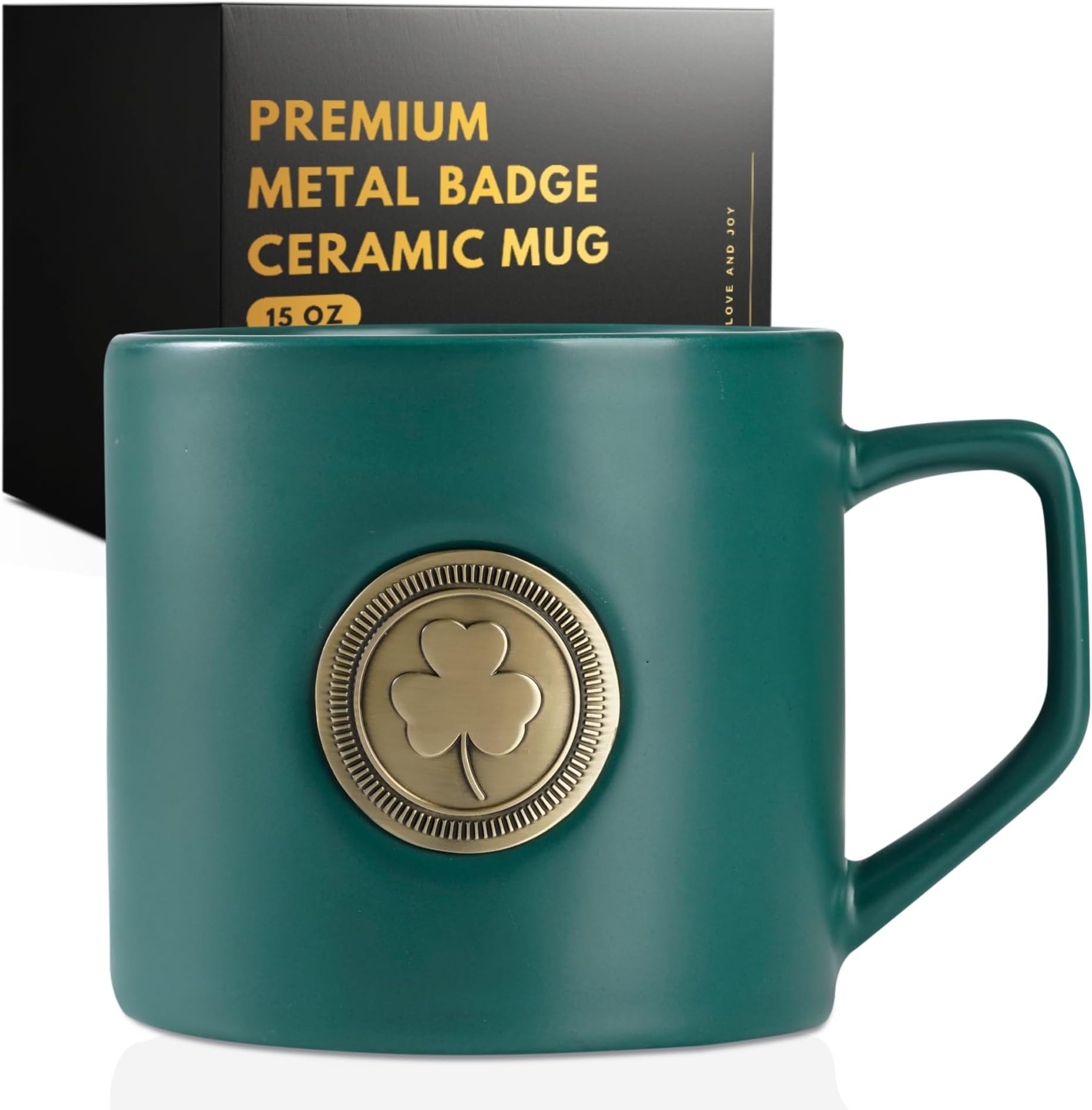 Onebttl Irish Gifts for Men, Women, Shamrock Irish Coffee Mug with Golden Badge, 15oz/450ml Ireland Gift Mug for Christmas, St. Patrick's Day for Friends Coworker Teacher
