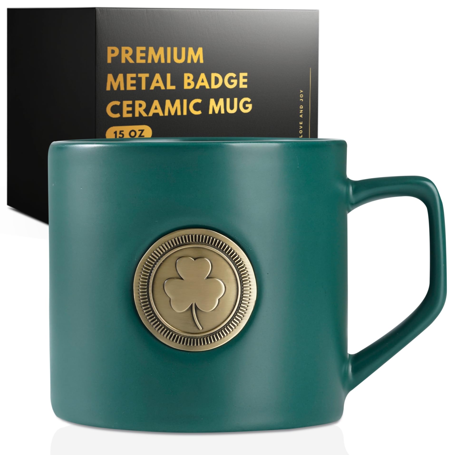 Onebttl Irish Gifts for Men, Women, Shamrock Irish Coffee Mug with Golden Badge, 15oz/450ml Ireland Gift Mug for Christmas, St. Patrick's Day for Friends Coworker Teacher