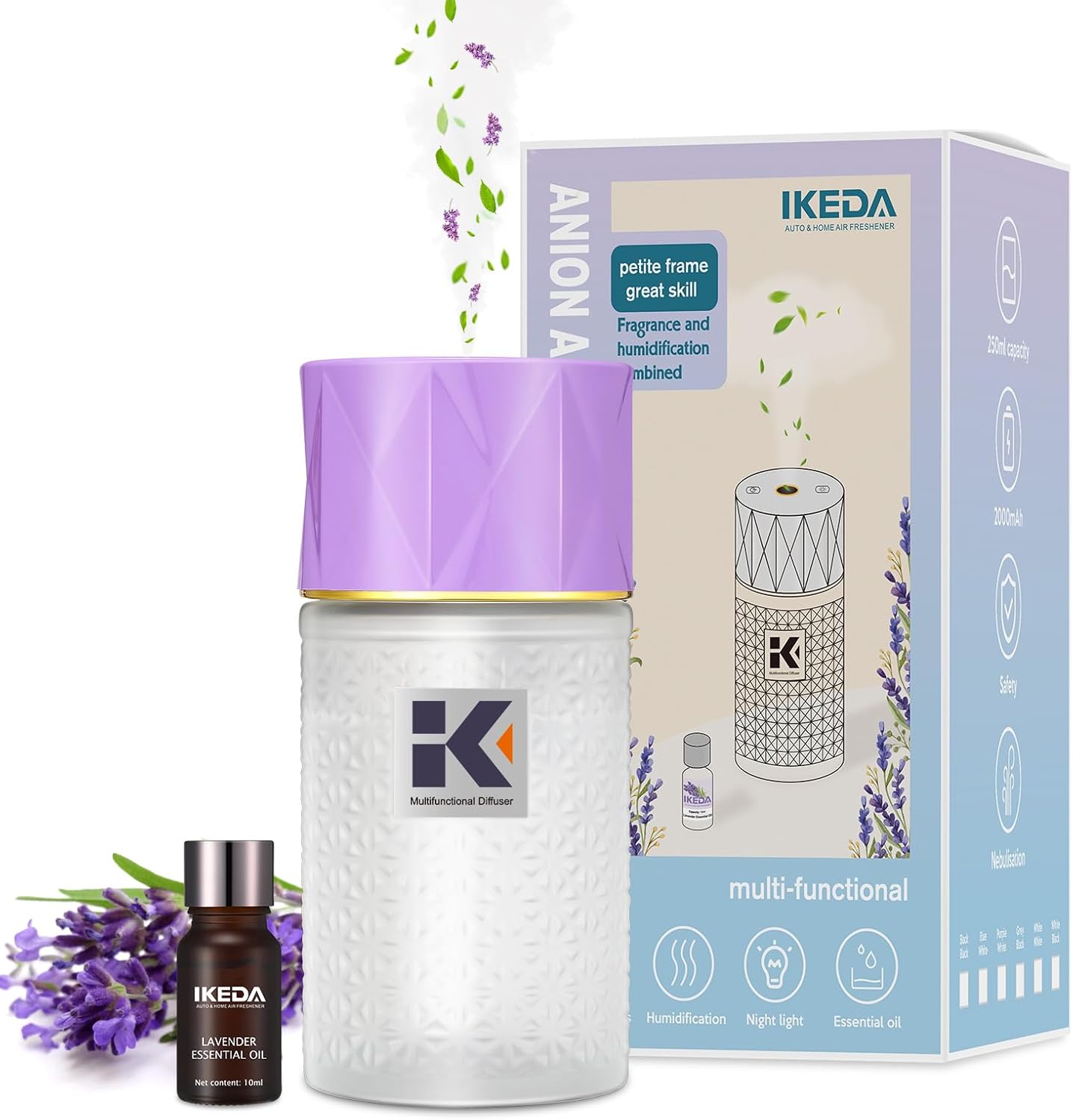 250mL Essential Oil Diffuser, Wireless Aromatherapy Oil Diffusers for Small Room, 35 Million Negative Ion Mist Humidifier with Night Light & Auto Shut-Off, Lavender Scent for Home, Car&Office