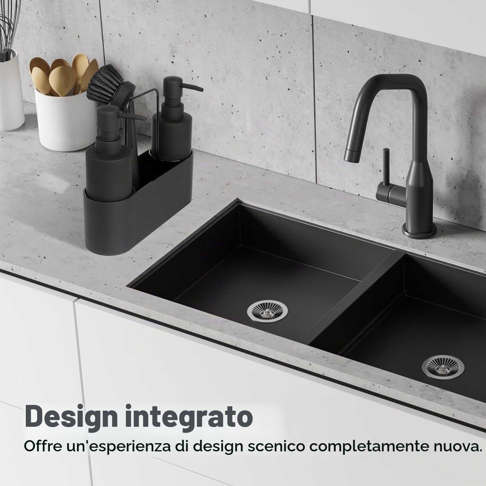 CAUTIOUS Porta Spugne Lavello Cucina, Dispenser Sapone Cucina Nero 4 in 1, Porta Spugne Lavello con Portasciugamani Dispenser di Detersivo Ricaricabil, Dispenser Detersivo Piatti per Cucine e Bagni