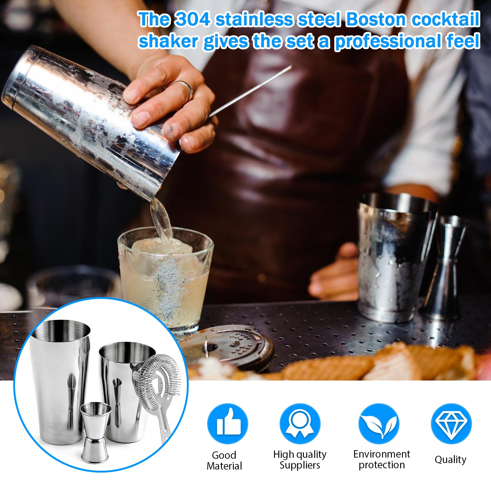 Set di 3 shaker Boston in acciaio inox, WANDGU da 450 ml + 600 ml, shaker da cocktail in acciaio inox 304, strumenti professionali per bar per tutti gli amanti del cocktail e della casa