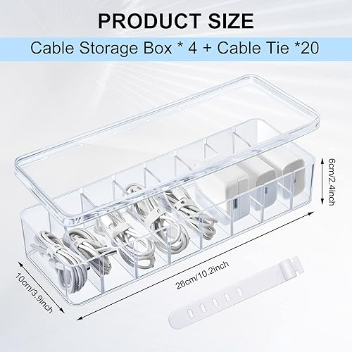 Miniatura 2 de Tatuo Caja organizadora de cables de 4 piezas con lazos de alambre, caja de almacenamiento de cables de plástico con tapa, organizador