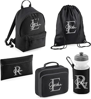 Personalised Kids Back To School Kit with Custom Name | Black with Grey Initial Backpack, Lunch Bag, PE Kit Bag, Pencil Case & Water Bottle | Perfect for Boys & Girls Starting Nursery or School