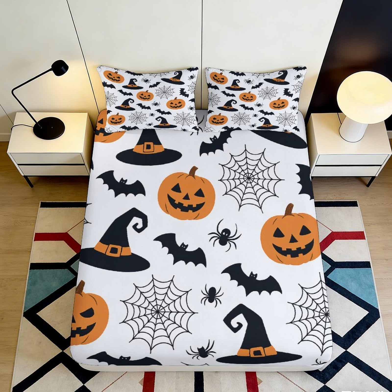 3D Printed Halloween Pumpkin Fitted Sheet Microfiber Witch Hat Mattress Cover Bats Spiders Decor for Bedroom Home 90x200x25cm