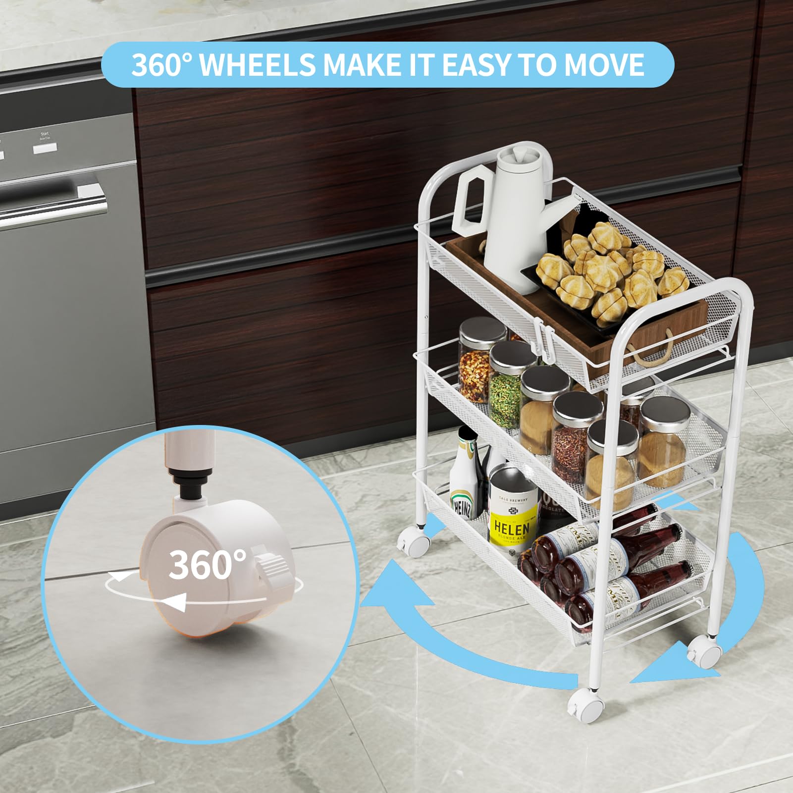 WELDUN 3 Tier Storage Trolley, Rolling Cart, Kitchen Storage Cart, Metal Bathroom Cart, Portable, Stable and Easy to Assemble - Image 3