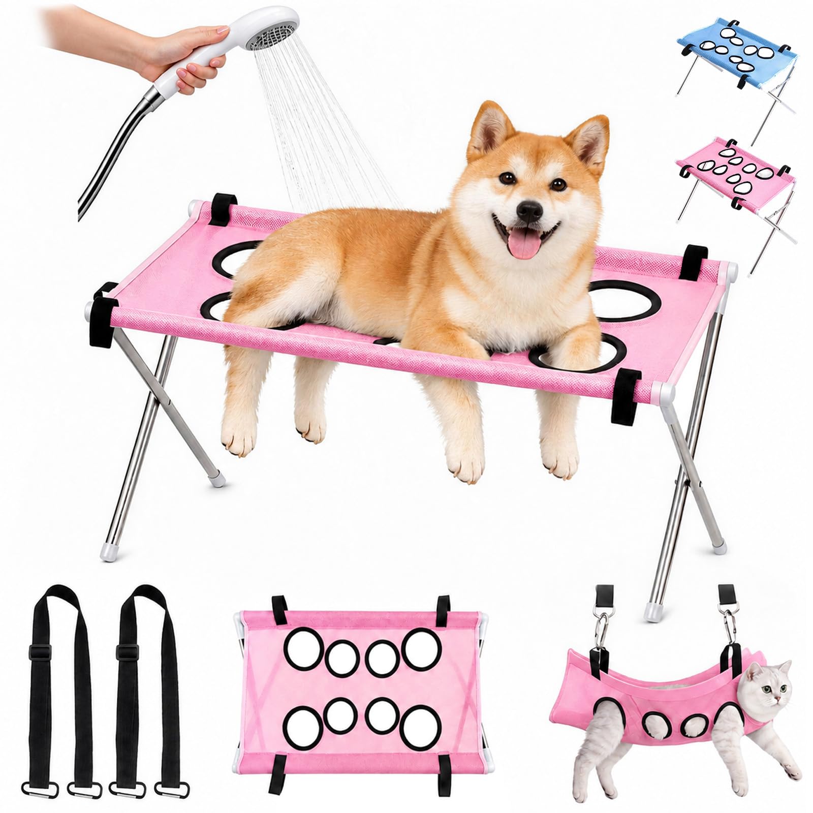 Pet Grooming Hammock, Dog Bath Hammock with Foldable Stand (Pink)