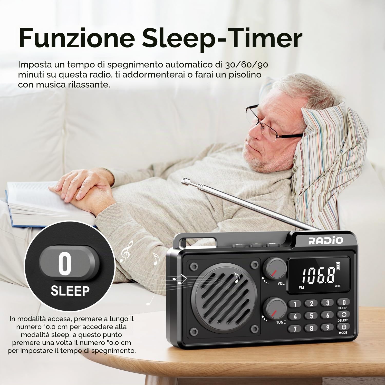 Radio Portatile AM/FM/SW con Bluetooth Piccola Radio Ricaricabile con Altoparlante, Funzione Timer e Porte USB/TF/AUX Per Cucina, Camera da Letto e All'aperto