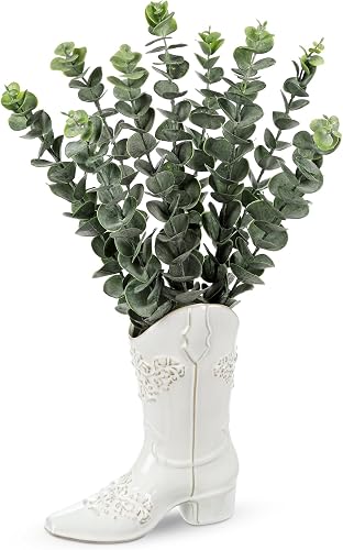 Artificial Eucalyptus Plant in Ceramic Cowboy Boot Vase Faux Greenery Potted Plant for Rustic Farmhouse Decor Western Style Boot Planter with Eucalyptus Stems for Table Centerpiece-18 Inch Tall
