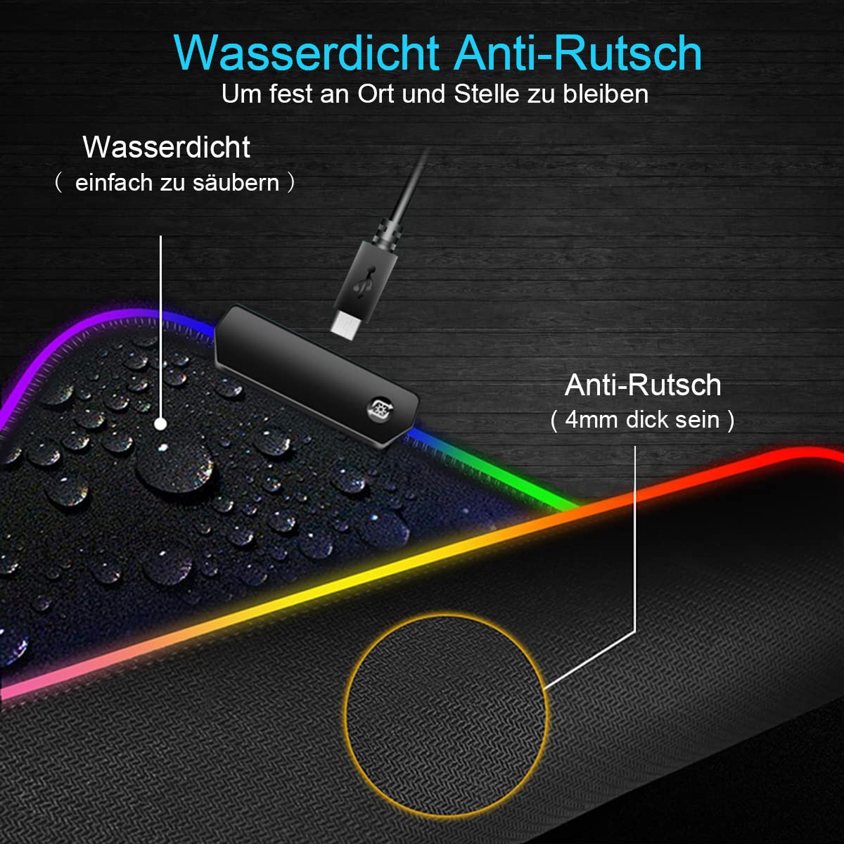 Owege Oyun fare altlığı XXL 800 x 300 mm RGB fare altlığı, büyük, 14 aydınlatma modu, 7 LED renk, dikişli kenarlar, su geçirmez, kaymaz, hassasiyeti artırır, komple siyah