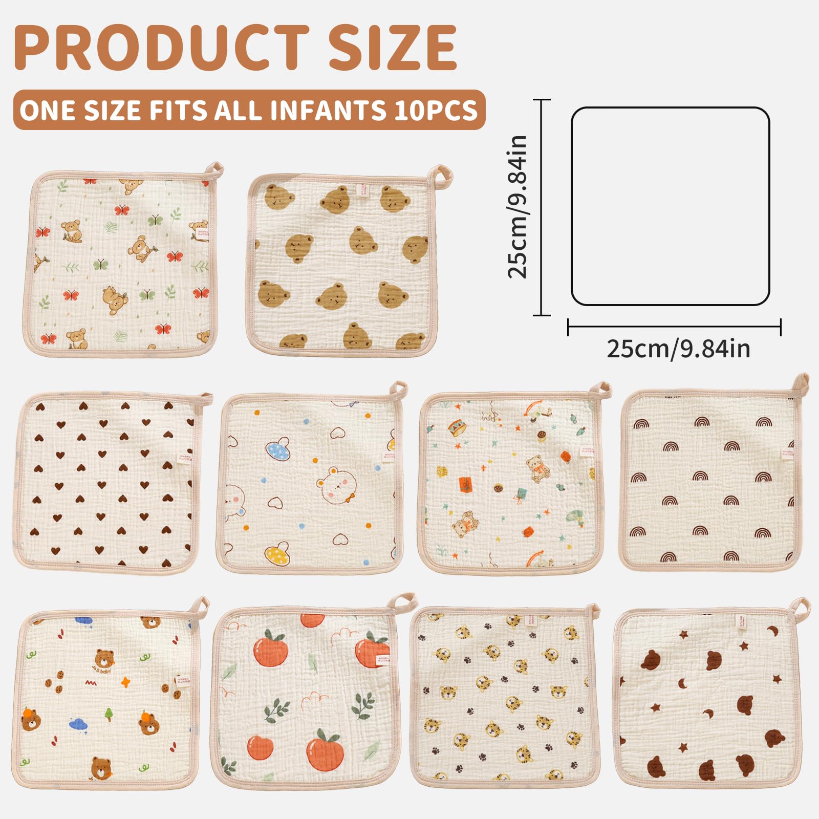 10 sztuk chusteczek muślinowych dla niemowląt, 25 x 25 cm, w 100% z bawełny, miękkie, trwałe, oddychające, chłonne, muślinowe dla noworodków
