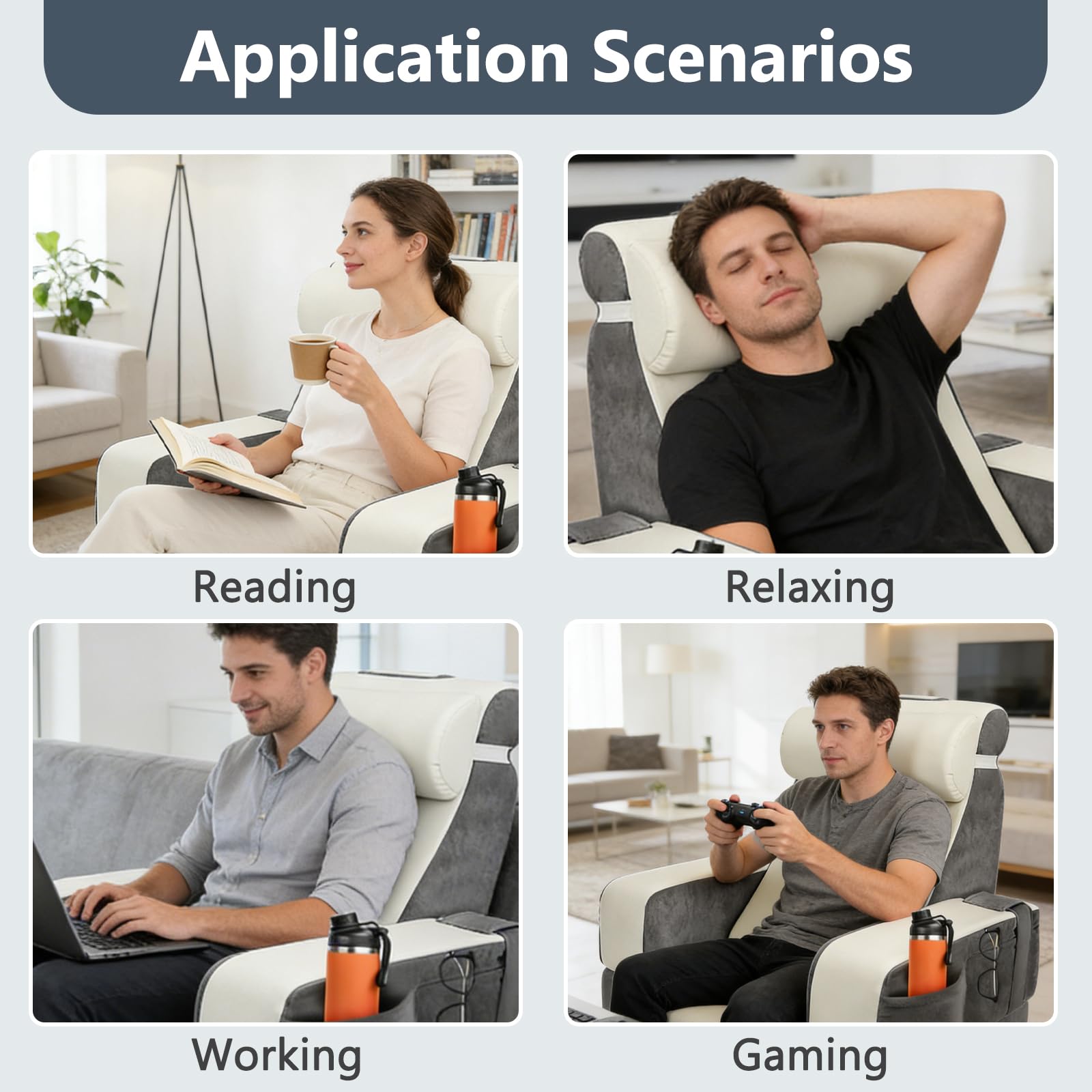 Lesekissen für Bett und Sofa,Rückenkissen Bett mit Abnehmbarer Nackenrolle & Armlehne,Ergonomisches Erwachsenen Rückenkissen mit Waschbarem Bezug, Rückenstützkissen zum Lesen/Fernsehen (Grau+weiß)