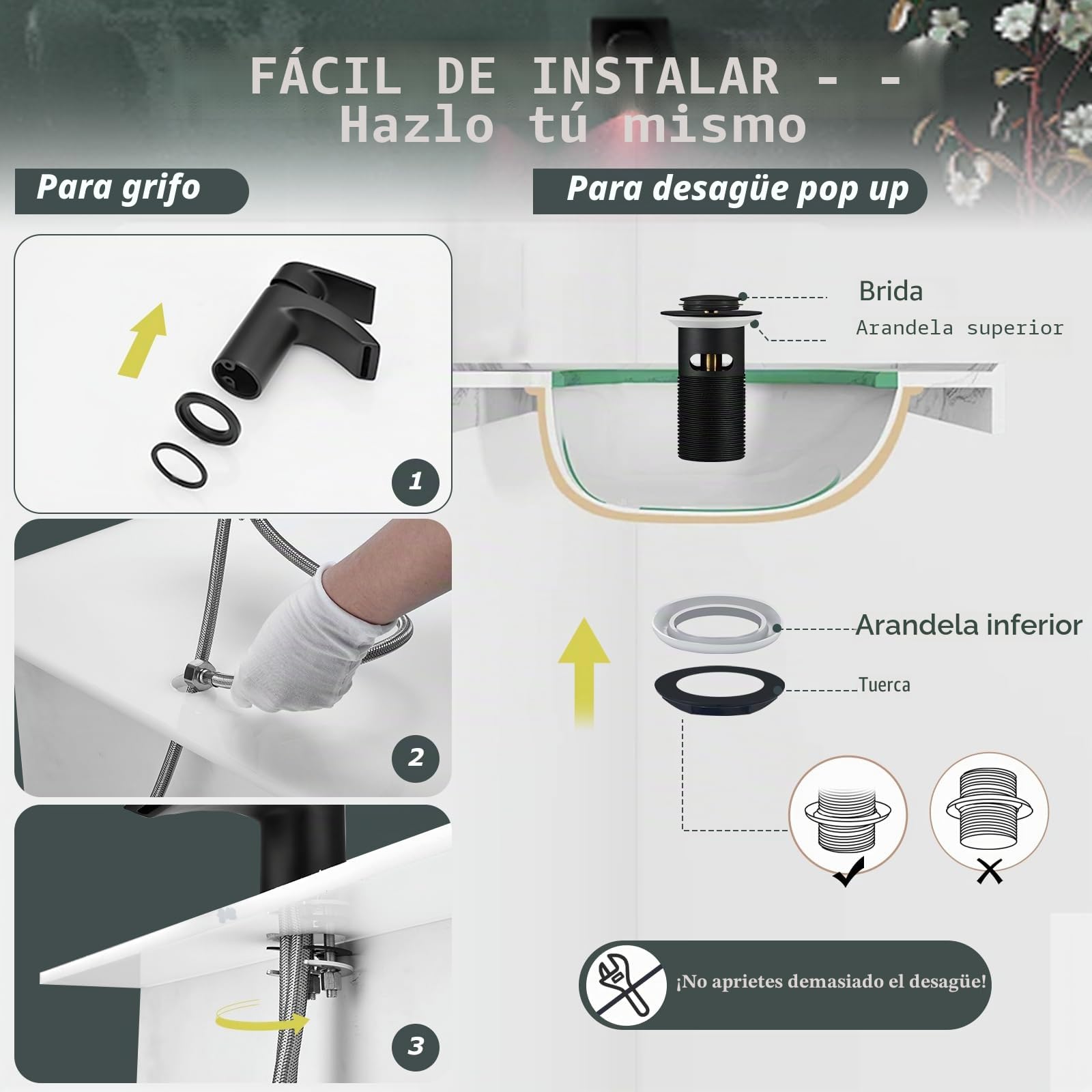 Grifos mezcladores para lavabo, color negro cascada con ranurados emergentes para desagüe de baño, monomando monomando de 1 agujero, monomando moderno con mangueras G1/2 pulgadas, grifo redondo para