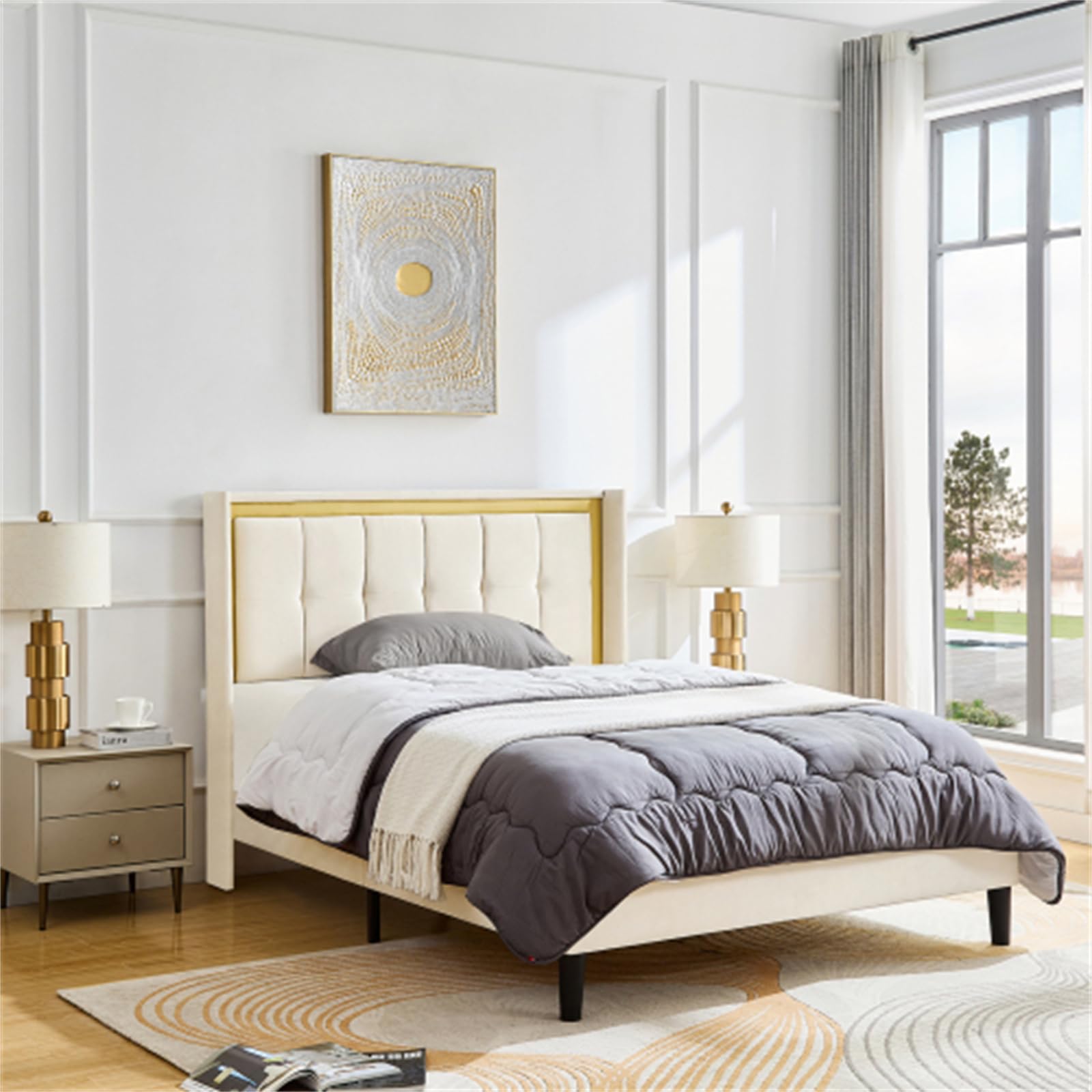 Queen Size Upholstered Bed with headboard, Sturdy Wooden slats, high Load-Bearing Capacity, Non-Slip and noiseless, no Springs, Easy to Assemble, Beige