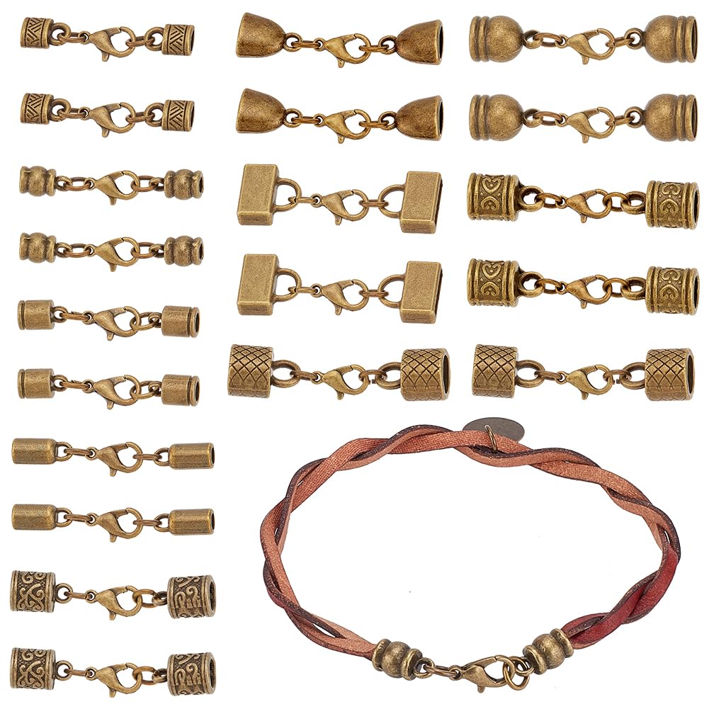 PH PandaHall 10 Styles Tibetan End Caps, 20 Sets Leather Cord End Caps Alloy Tube Barrel End Tip with Lobster Clasp Rope End Caps with Ring Connector for Necklaces Bracelet Jewelry Making