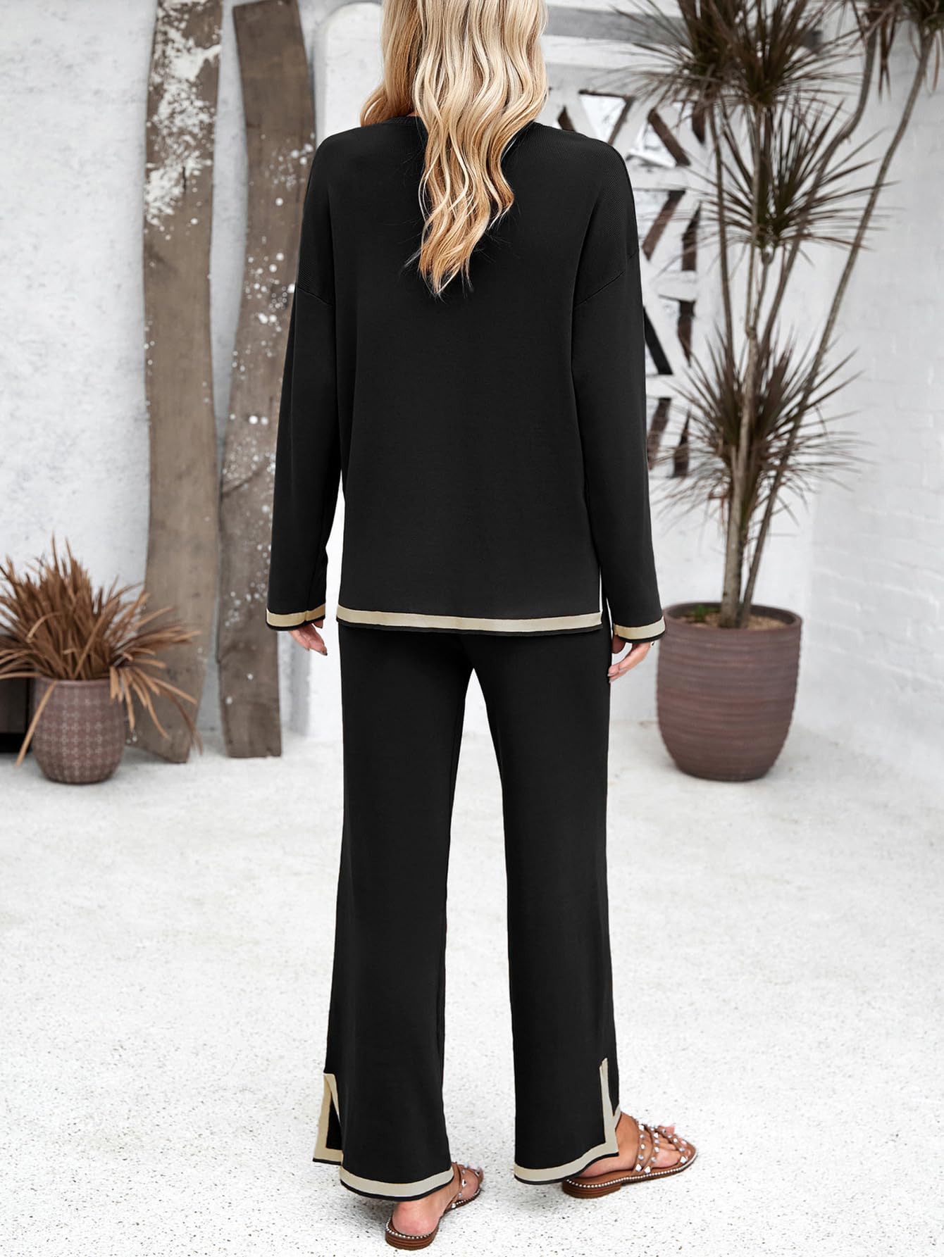 Lounge Set Damen,Lässige 2 Teilige Trainingsanzüge für Damen, Marineblaues Strickpullover Oberteil Mit Rundhalsausschnitt, Langen Ärmeln, Elastischer Taillenschlitz, Hose Mit Weitem Bei