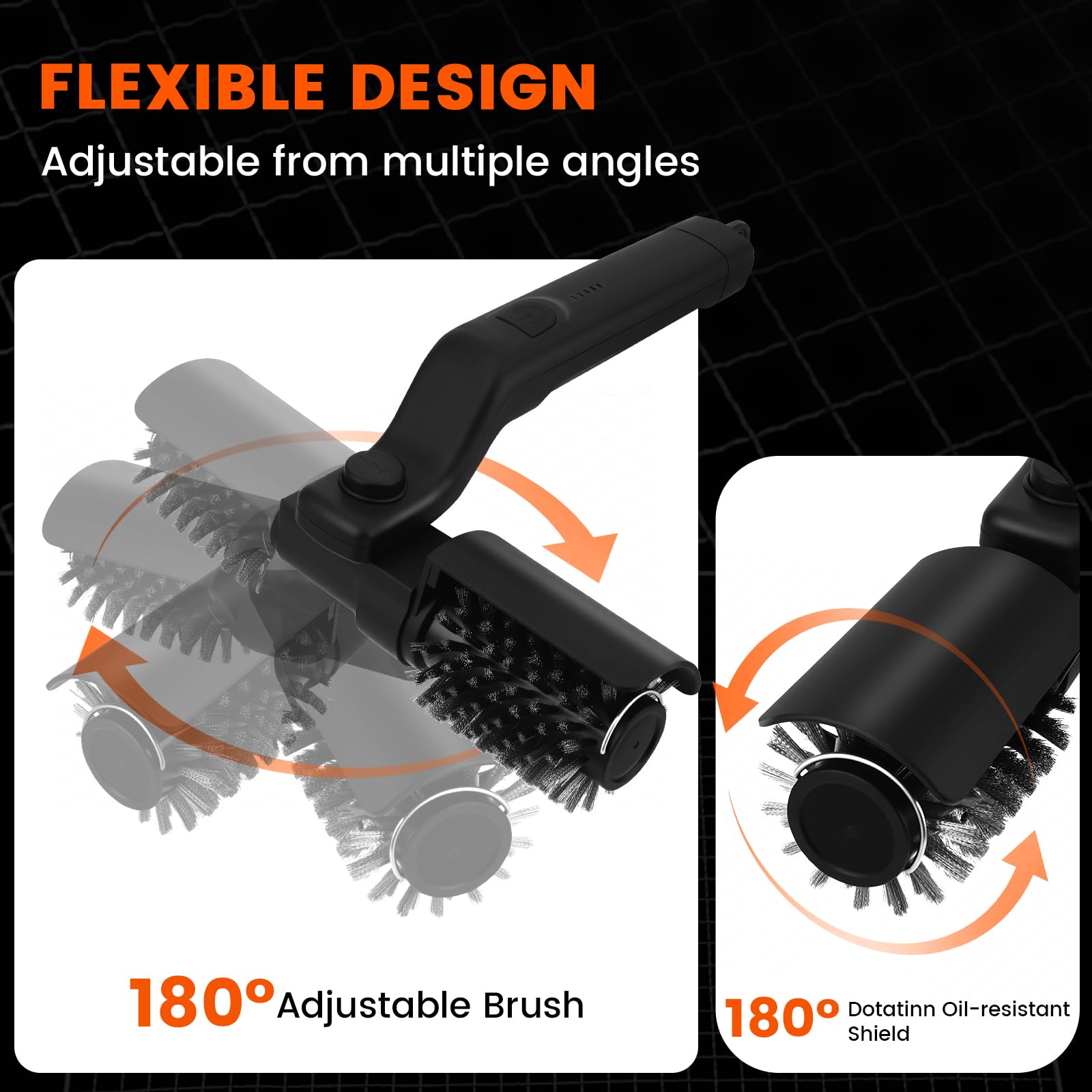 Spazzola elettrica per barbecue a batteria con 3 livelli di pulizia, indicatore batteria a 5 livelli, testa regolabile a 180°, testina in acciaio inox, impermeabile, durata, resistente alle