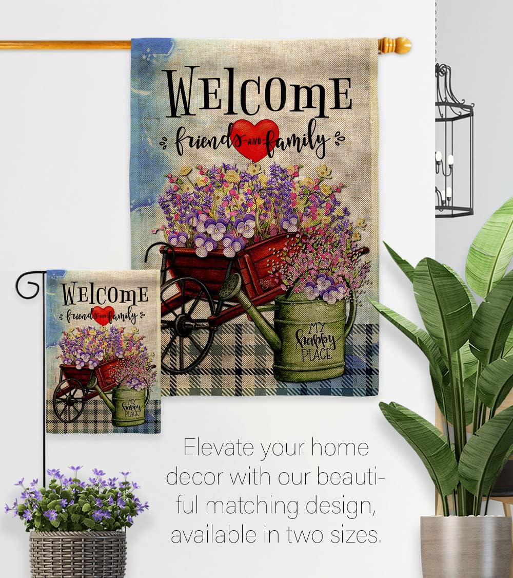 Breeze Decor My Happy Place Burlap Garden Flag Expression Sweet Home Flower Vintage Rustic Everyday Floral Classic House Decoration Banner Small Yard Gift Double-Sided, Made in USA