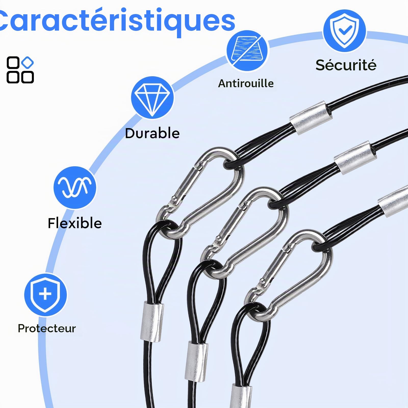 EFUTURETIME 10 x Câble de Sécurité 52 mm en Acier Inoxydable avec Mousqueton de Sécurité n° 4, Câble de Suspension 3 mm avec Gaine en PVC Transparente, Capacité de Charge de 25 kg