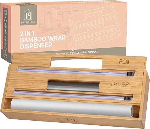 Dispensador de papel de aluminio 2 en 1, organizador de envoltura de cocina con cortador de papel de aluminio extra ancho de 13.5 pulgadas.