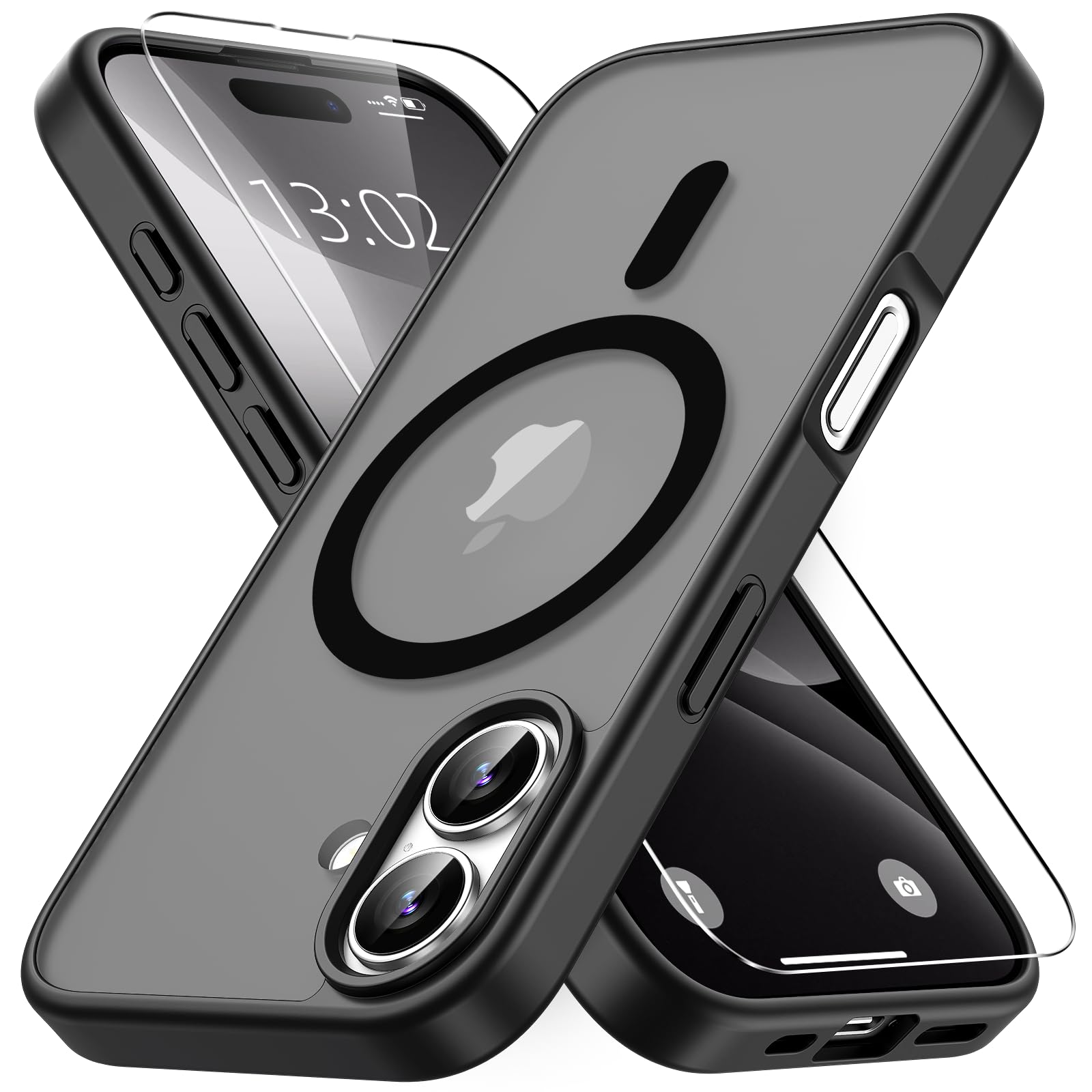 Vansdon Cover Magnetica per iPhone 16 con 1 Pezzi Vetro Temperato, Compatibile con Magsafe, Protezione anticaduta di livello militare, Custodia Traslucida Opaca Sottile Antiurto-Nero