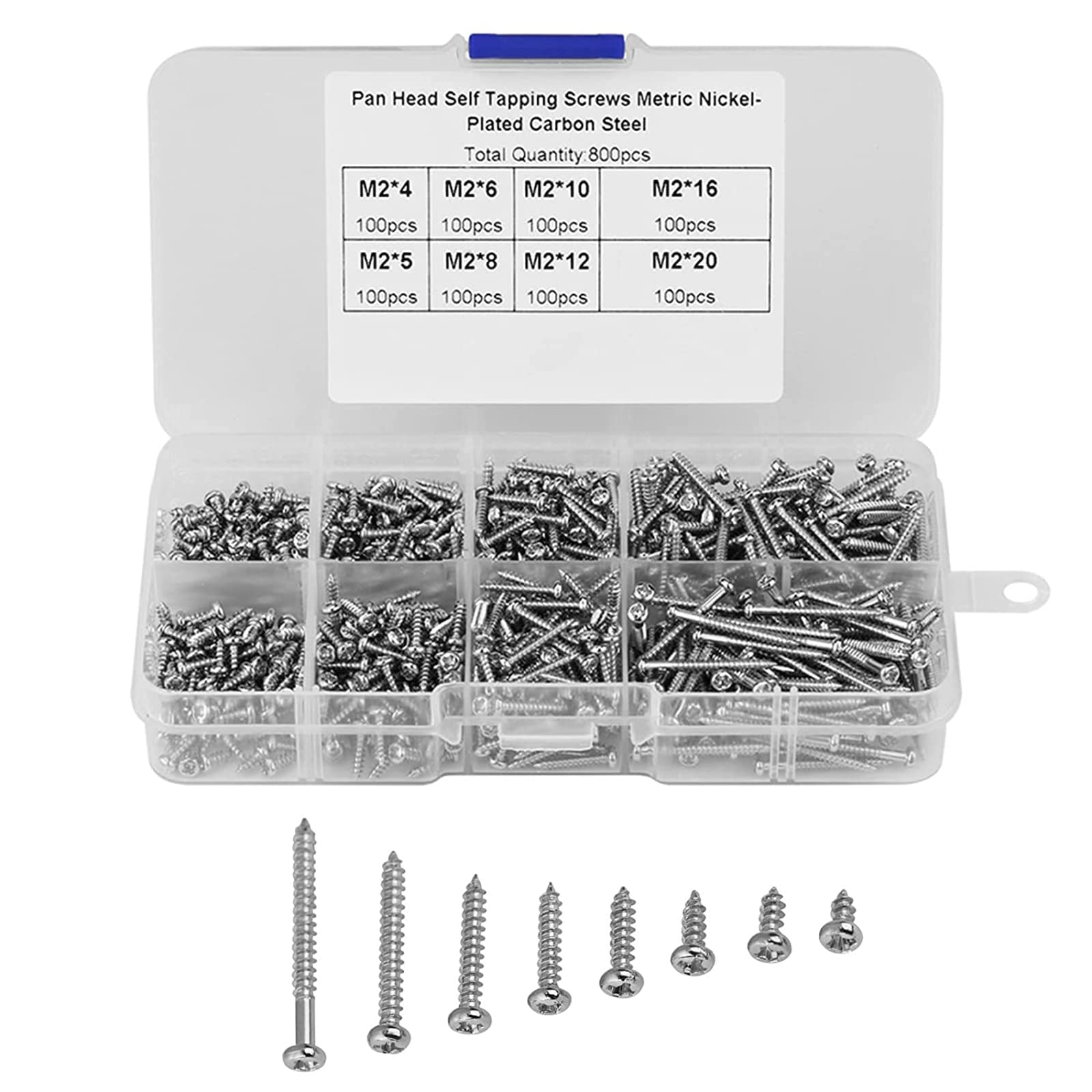 800PCS M2 Self Drilling Phillips Screw Assortment Kit 8 Sizes Stainless Steel Mini Cross Drive Pan Head Tapping Wood Screws Fasteners Set