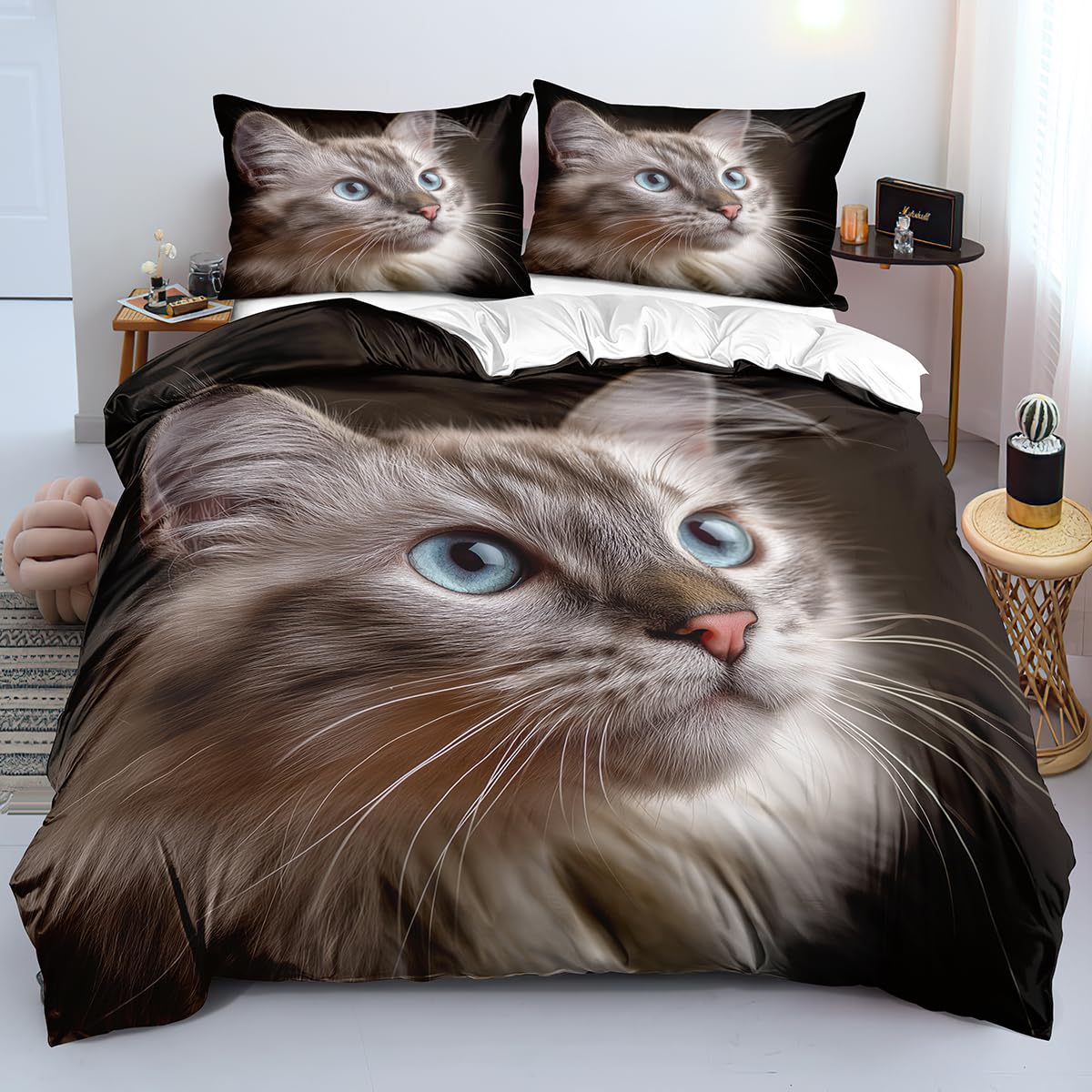 Parure de lit chat 260x240 avec housse de couette microfibre et taies pour chambre d'enfant