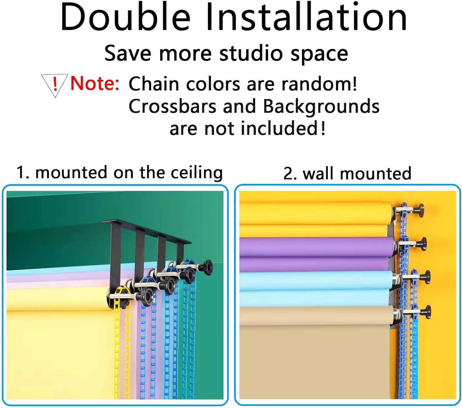 Photography Backdrop Wall Mount Roller System 4 Support Rollers, Manual Photo Background Ceiling Holder, Including 2 Four-fold Hooks, 8 Expand Bars, 4 Chains, for Home Studio Live Shooting